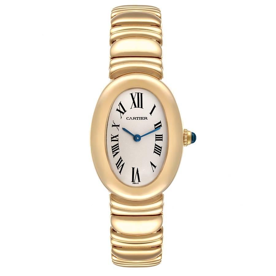 Cartier Baignoire Silver Dial Yellow Gold Ladies Watch 1954. Quartz movement. 18k yellow gold oval case 31.0 x 22.5 mm. Crown set with blue sapphire cabochon. 18k yellow gold bezel. Scratch resistant sapphire crystal. Silver dial. Painted black