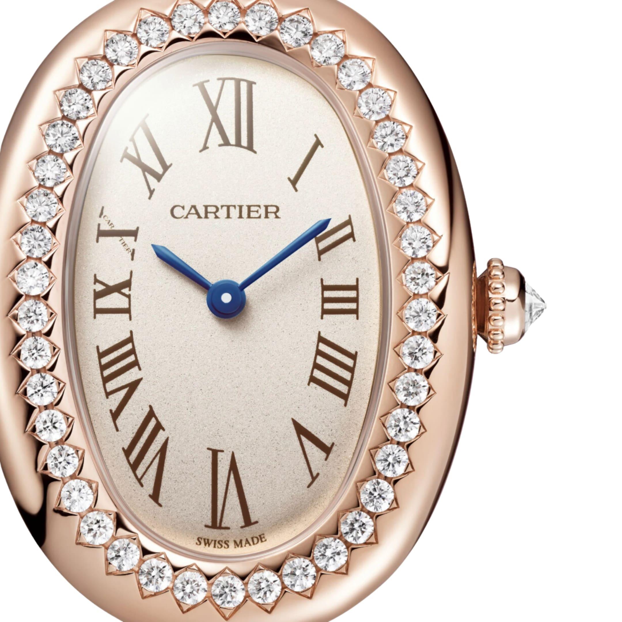 Jewels Aficionado offers the Cartier Baignoire Small WJBA0041 is a timelessly elegant timepiece that showcases Cartier’s iconic design in luxurious 18k rose gold. Its signature elliptical case, is adorned with a diamond-set bezel featuring