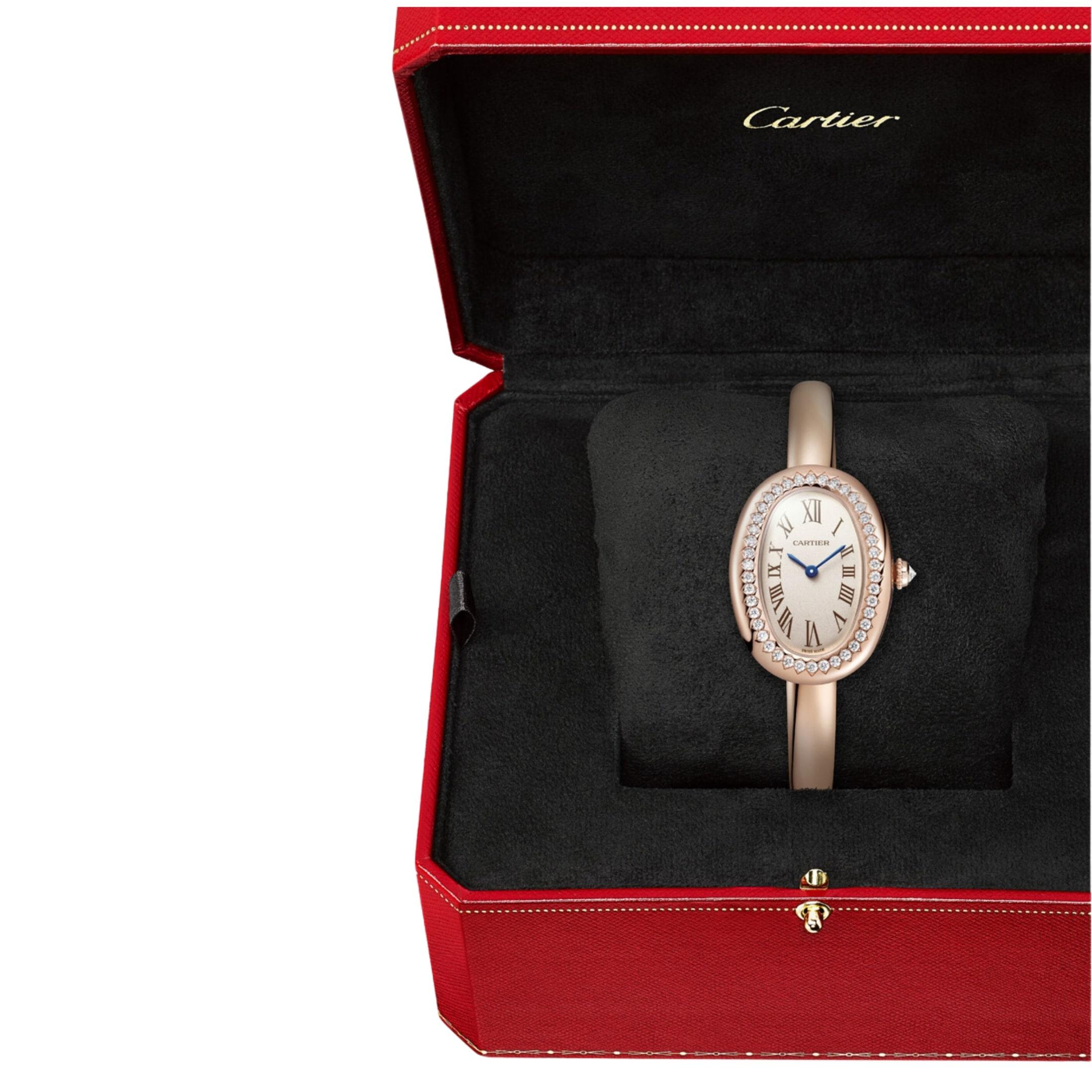 Round Cut Cartier Baignoire Small WJBA0041 Rose Gold Silvered Dial Diamond Bezel Quartz For Sale