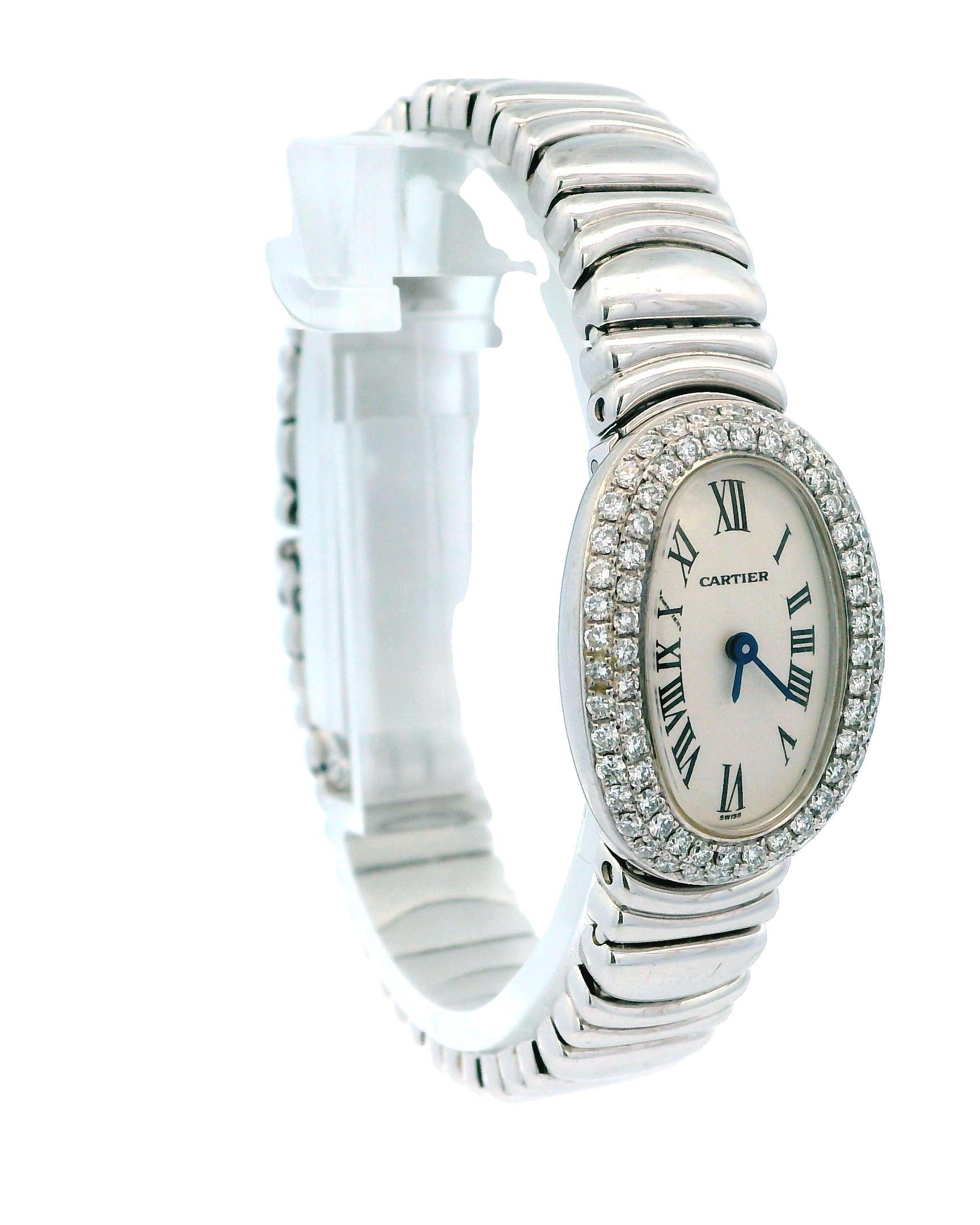 Cartier Baignoire Mini Ladies Watch W15189L2 is an exquisite timepiece that combines elegance and sophistication. It features a compact 18mm case made from rhodium-plated 18K white gold, giving it a luxurious sheen. The bezel is adorned with