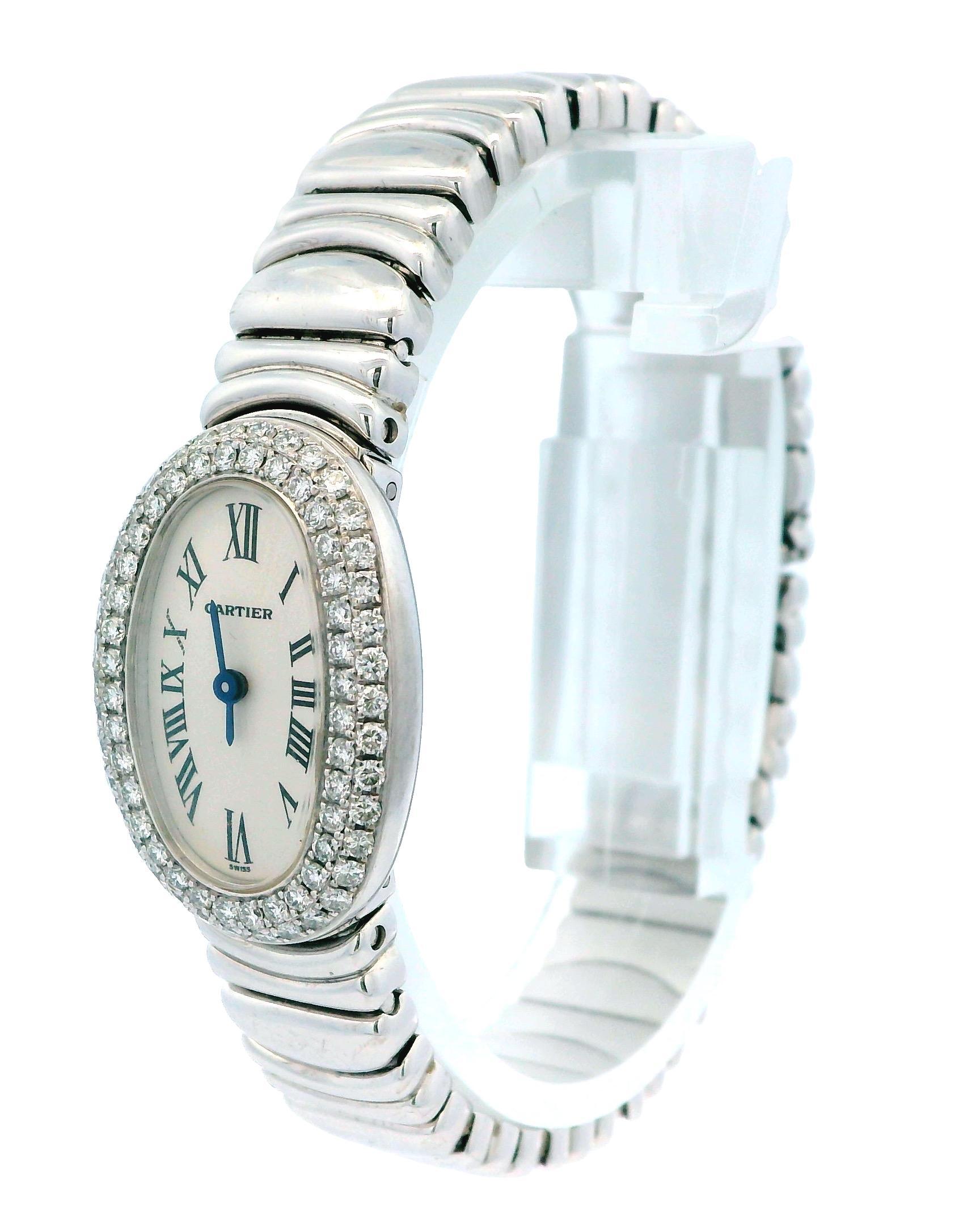 Cartier Baignoire W15189L2 Mini 18K White Gold Pave Case Box & Papers In Good Condition In Great Neck Plaza, NY