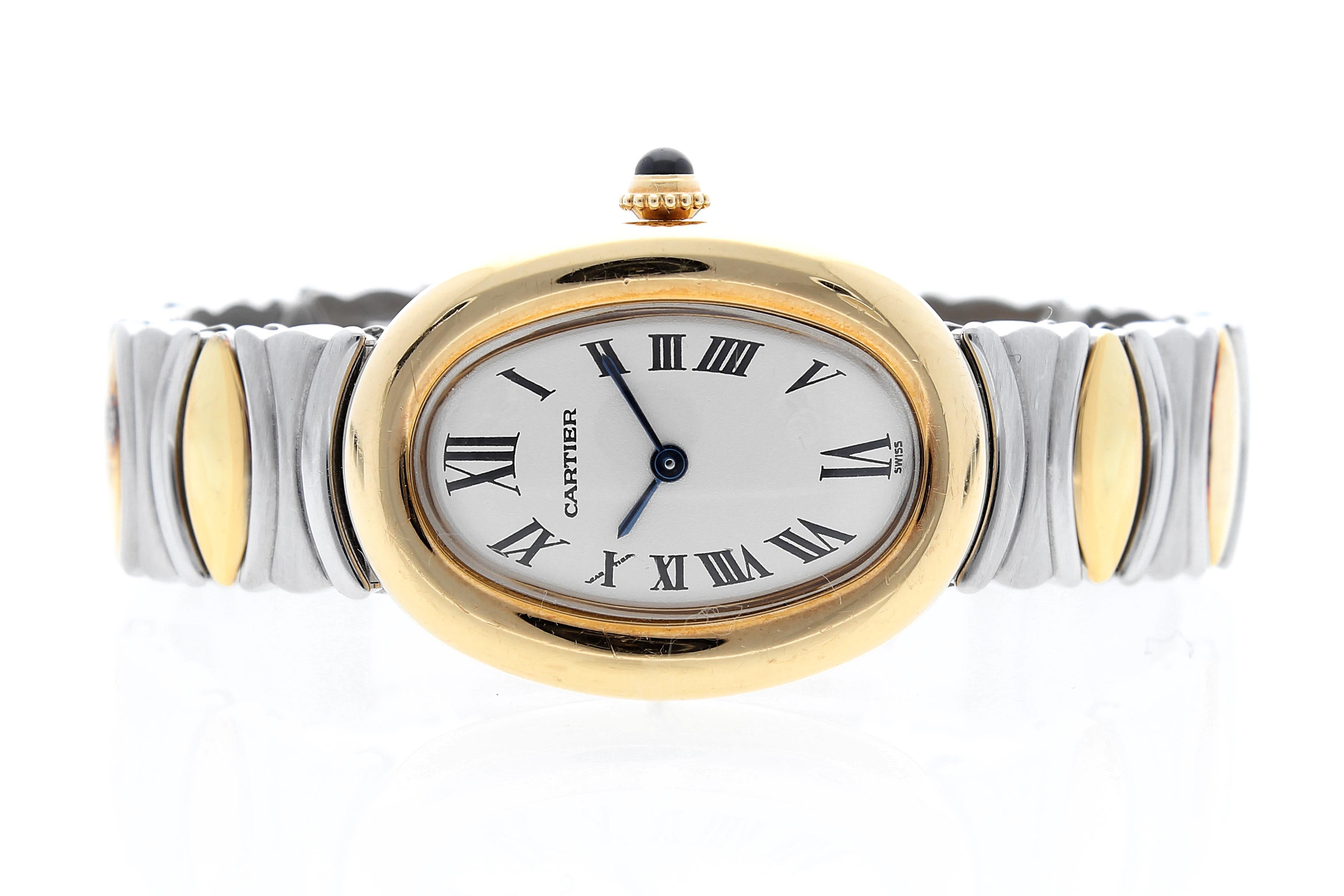 Modern Cartier Baignoire Watch, 18 Kt Gold Case, Steel and Gold Bracelet