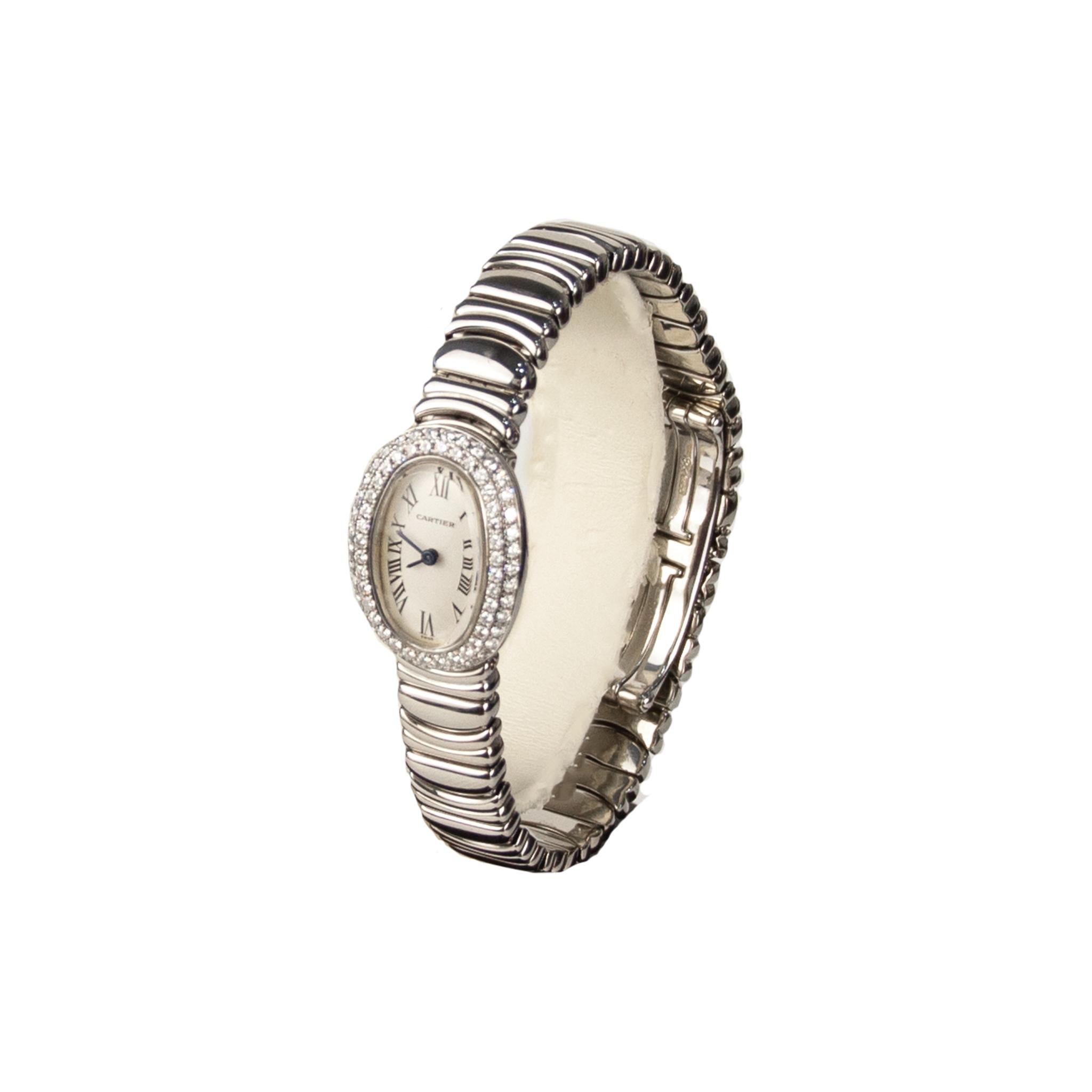 Brand: Cartier
Model: Baignoire
Reference number: WB5095L2 2369
Scope of delivery: No original box, No original papers
Movement: Automatic
Case Material: White Gold
Bracelet Material: White Gold
Bezel Material: White Gold Diamonds
Case diameter: