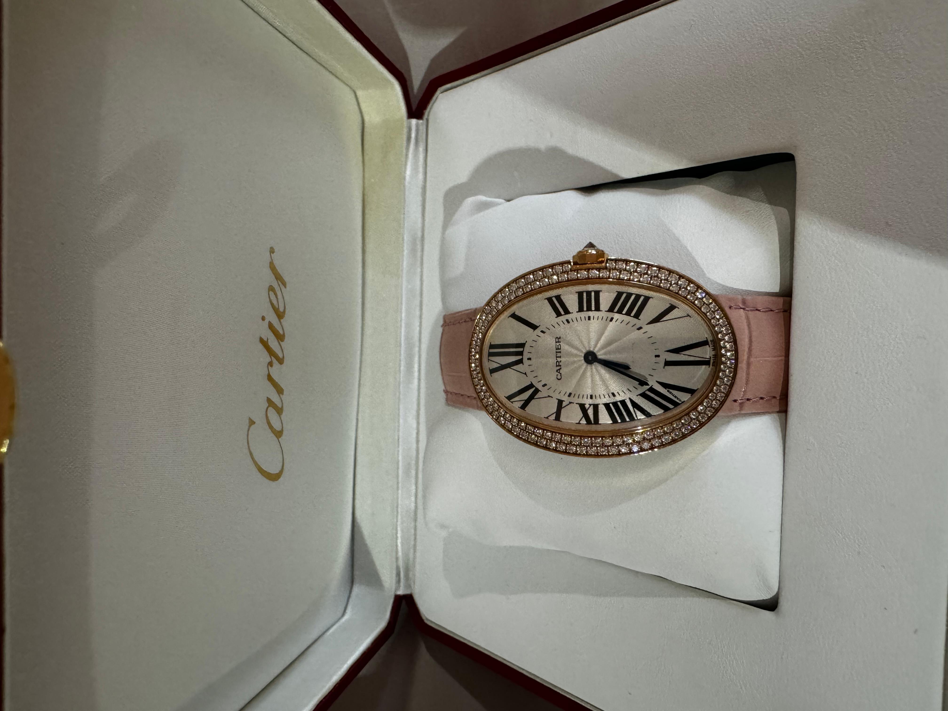 Cartier Baignoire XL pink Gold Diamond Ladies Watch. CARTIER Baignoire Watch18K rose Gold, pink mat crocodile straps. Manual winding

Cartier Baignoire lady's wristwatch. Oval case in rose gold, screwed caseback with see through movement at the back