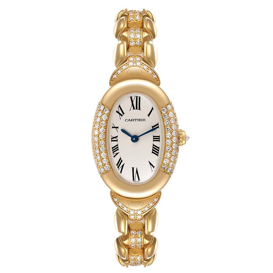 Cartier Baignoire Yellow Gold Silver Dial Diamond Ladies Watch 1812. Quartz movement. 18k yellow gold oval case 31.0 x 22.0 mm. Crown set with diamond. 18k yellow gold bezel with original Cartier diamonds on the sides. Acrylic  crystal. Silver dial.