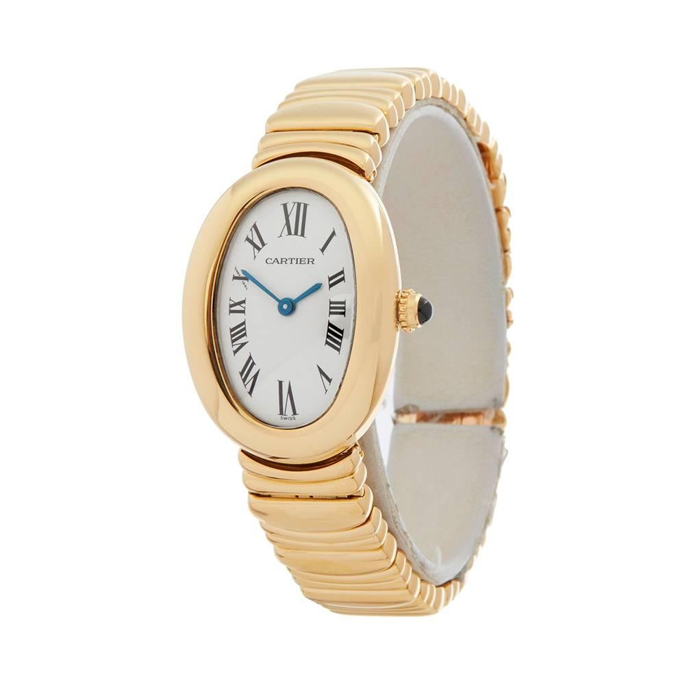 Ref: W4867
Manufacturer: Cartier
Model: Baignoire
Model Ref: W15045D8 or 1954
Age: 9th December 2000
Gender: Ladies
Complete With: Box, Manuals & Guarantee
Dial: White Roman 
Glass: Sapphire Crystal
Movement: Quartz
Water Resistance: To