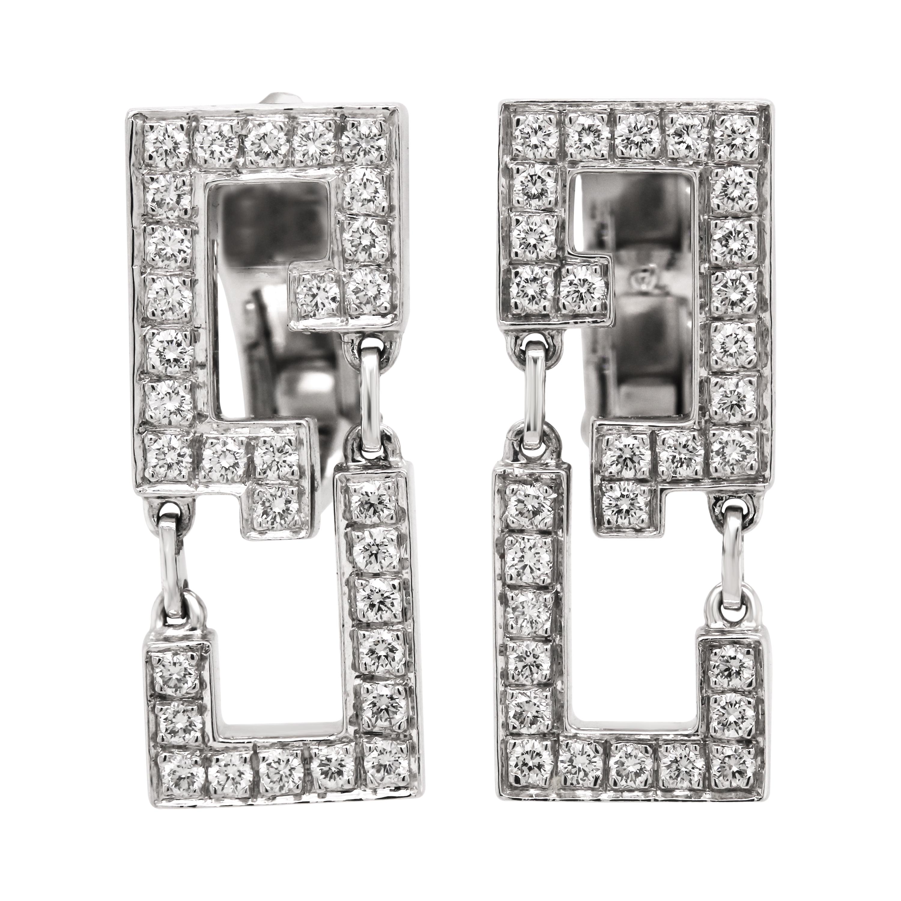 Round Cut Cartier Baiser Du Dragon 18 Karat White Gold Diamond Dangle Earrings