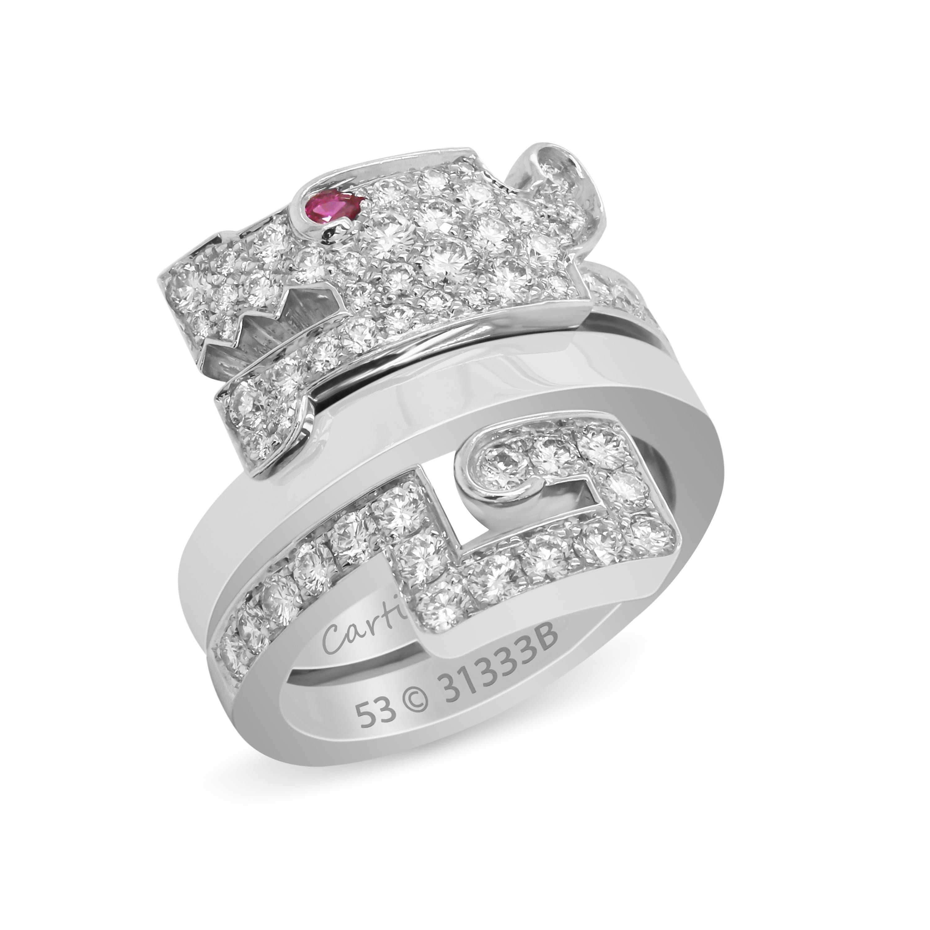 Cartier Baiser Du Dragon Diamond Ruby 18K White Gold Ring

This state of the art ring by Cartier is the 