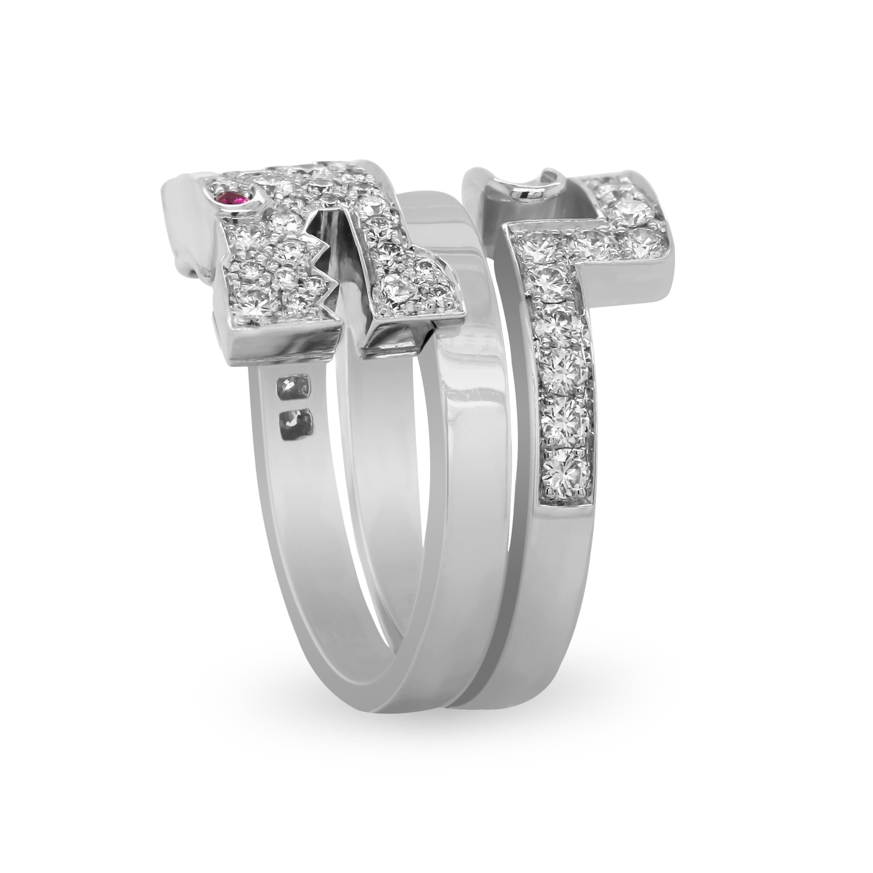 Contemporary Cartier Baiser Du Dragon Diamond Ruby 18K White Gold Ring For Sale