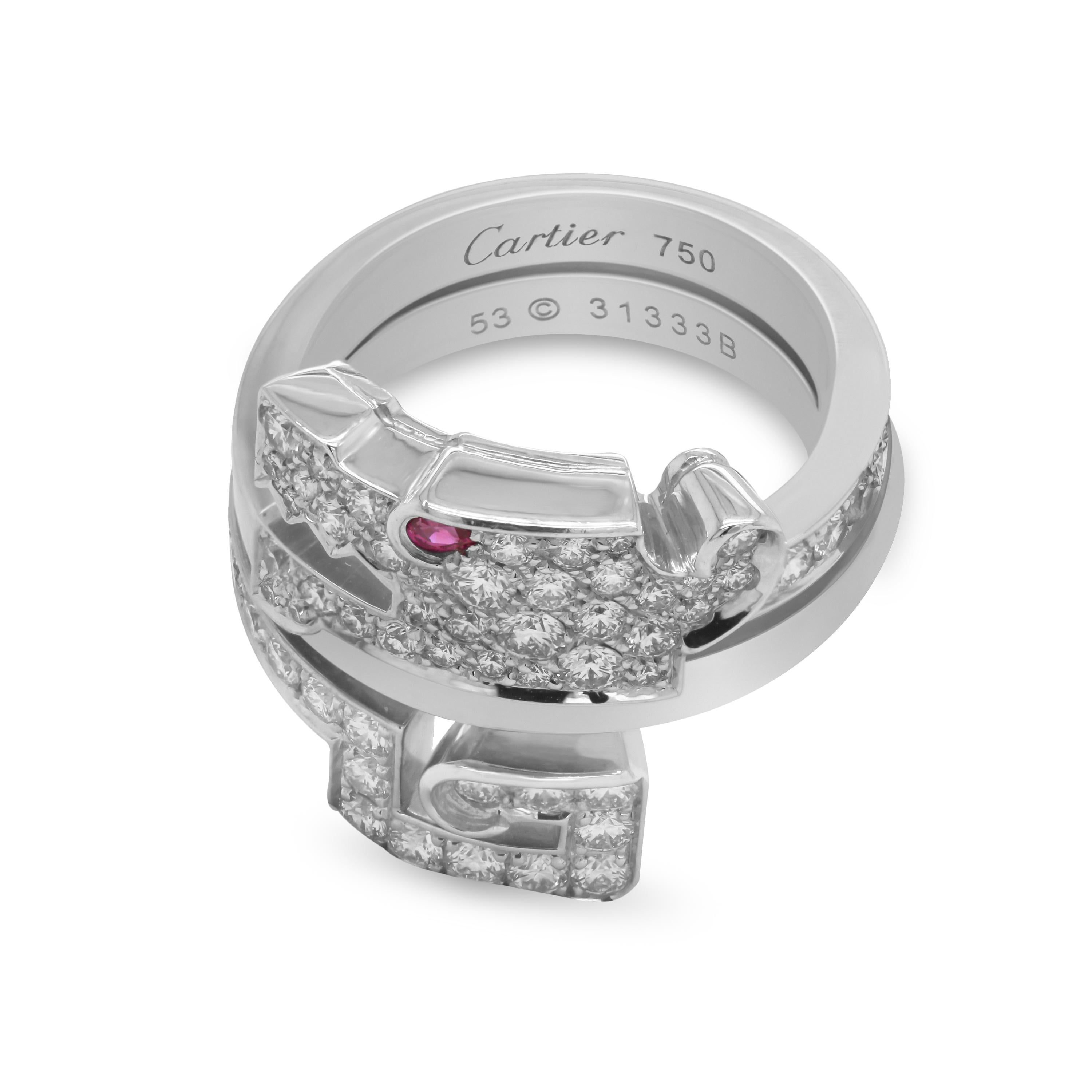 Cartier Baiser Du Dragon Diamond Ruby 18K White Gold Ring In Excellent Condition For Sale In Boca Raton, FL