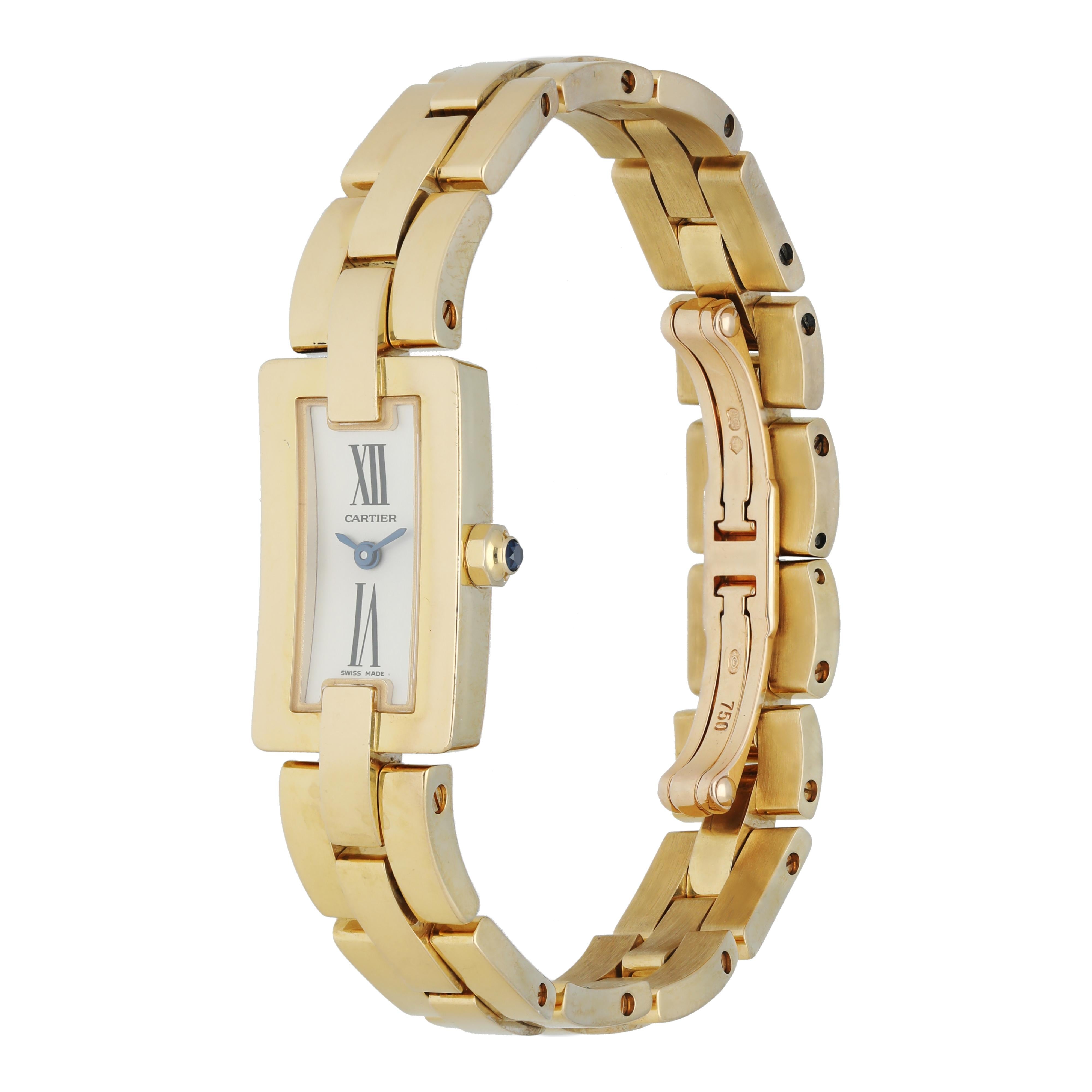 Cartier Ballerine 2992 Ladies Watch. 
14mm 18k Yellow gold case. 
Yellow Gold smooth bezel. 
Grey dial with blue steel hands.
Yellow Gold Bracelet with Butterfly Clasp. 
Will fit up to a 6.25-inch wrist. 
Saphire Crystal, yellow gold case back. 