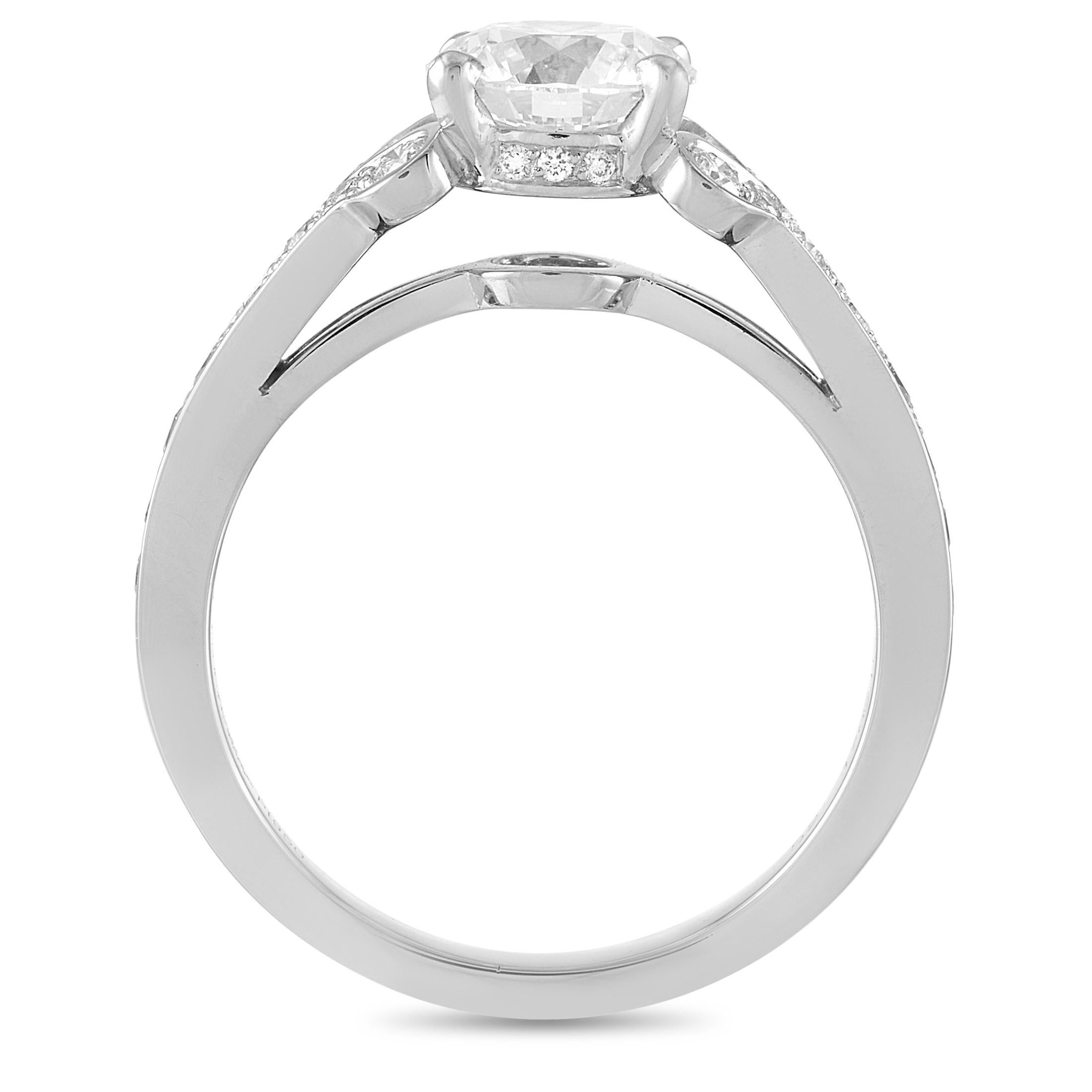 This Cartier ring is an exquisite piece of jewelry from the Ballerine collection. It’s crafted from platinum and embellished with a brilliant center stone that weighs 1.39 carats and features F color and VVS2 clarity, and is surrounded by 0.45