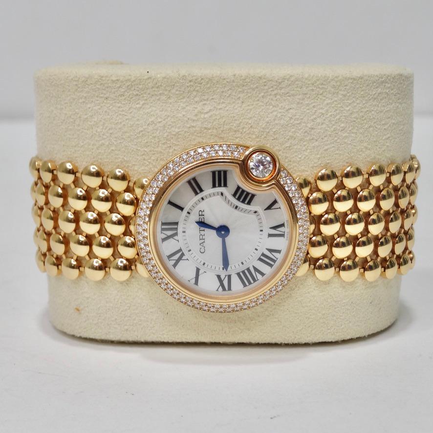 Beautiful Cartier 18K gold wristwatch from Cartier’s Ballon Blanc collection with the most stunning diamond as the focal point! Do not miss out on this timelessly elegant Cartier diamond watch! Featuring a white mother of pearl dial, a round