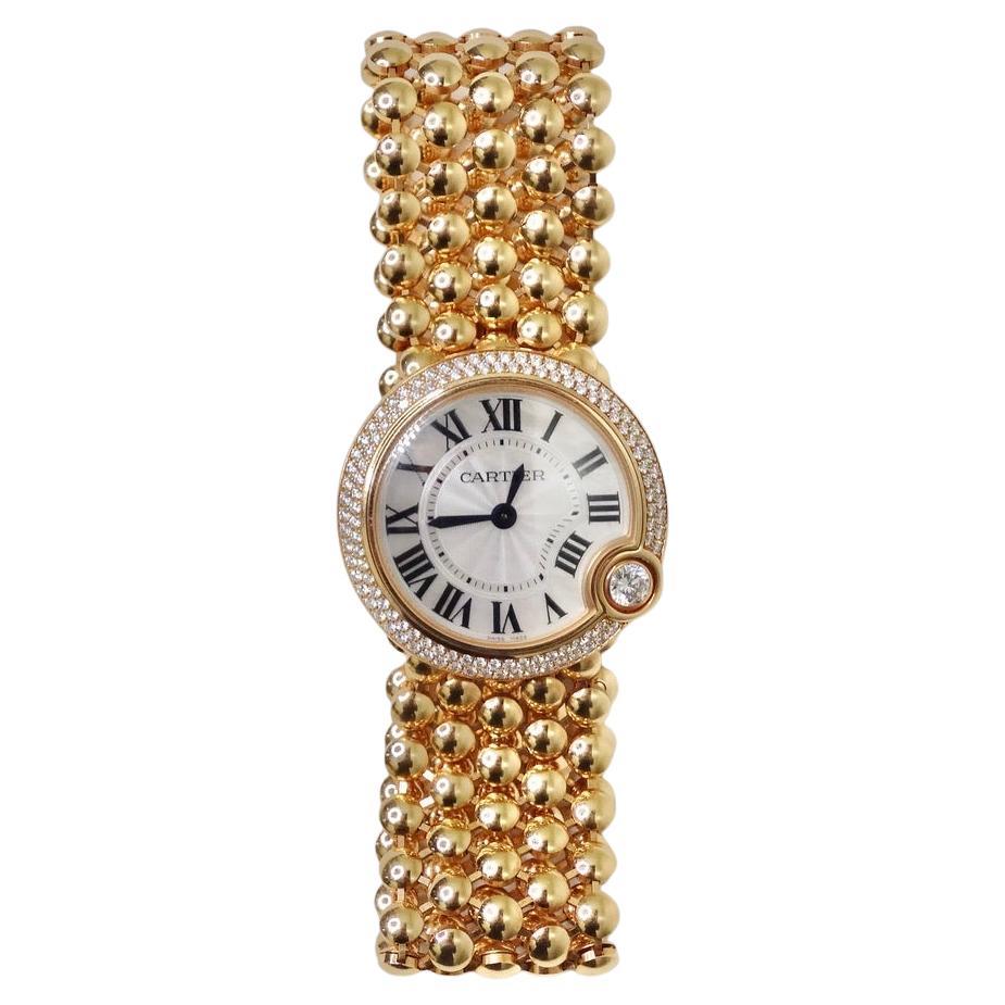 Cartier Ballon Blanc 18 Karat Gold Diamond Bezel Mother of Pearl Dial Watch For Sale