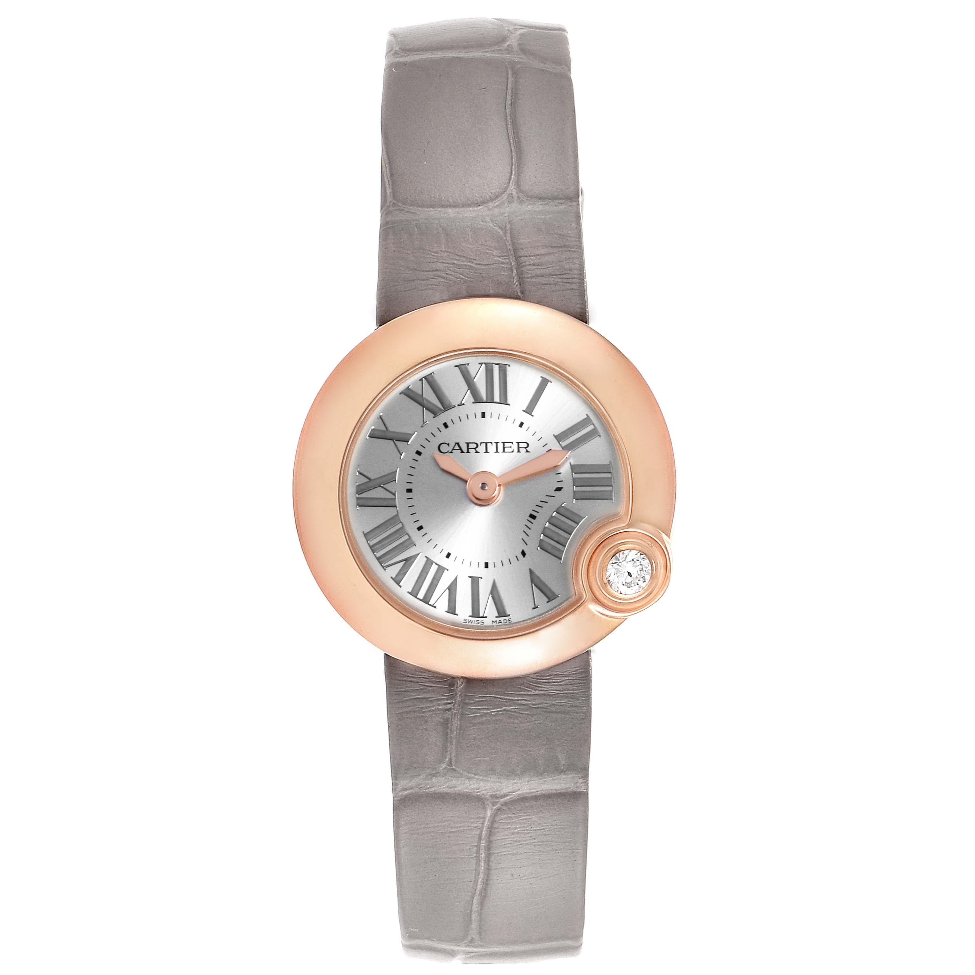 Cartier Ballon Blanc Rose Gold Diamond Ladies Watch WGBL0002 Box Card. Quartz movement. 18K rose gold case 26.0 mm in diameter. 18K rose gold bezel with larger solitaire diamond at the 4 o'clock position. Scratch resistant sapphire crystal. Silver