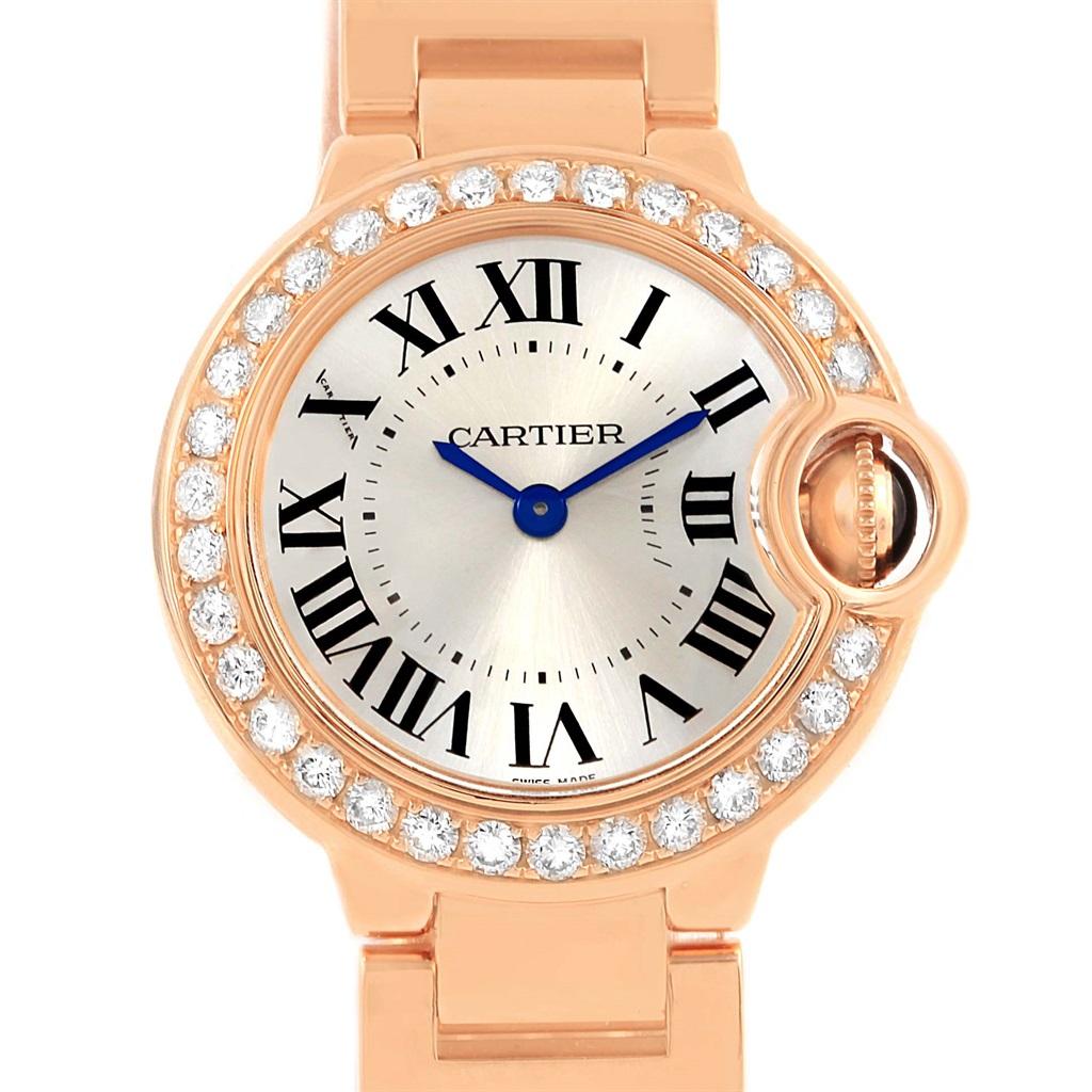 Cartier Ballon Bleu 18K Rose Gold Diamond Small Ladies Watch WE9002Z3. Quartz movement. Round 18K rose gold case 29.0 mm in diameter. Case thickness: 9.35 mm. Fluted crown set with the cabochon. Fixed 18K rose gold diamond bezel. Scratch resistant