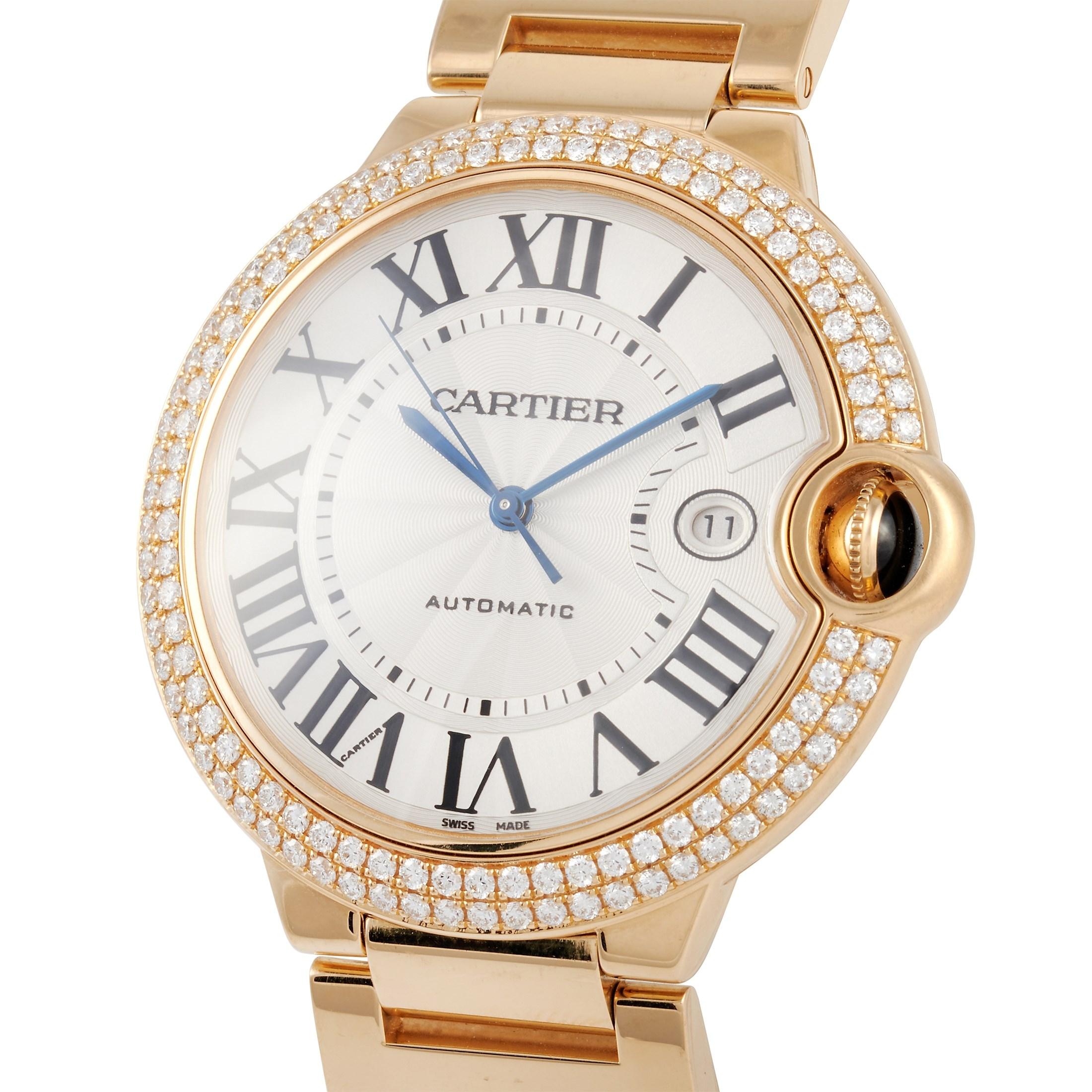 This Cartier Ballon Bleu 18K Rose Gold 42 mm Men's Watch, reference number WE9008Z3, comes with an 18K white gold case that measures 42 mm in diameter. The case is presented on a matching rose gold bracelet with deployment clasp. The diamond set
