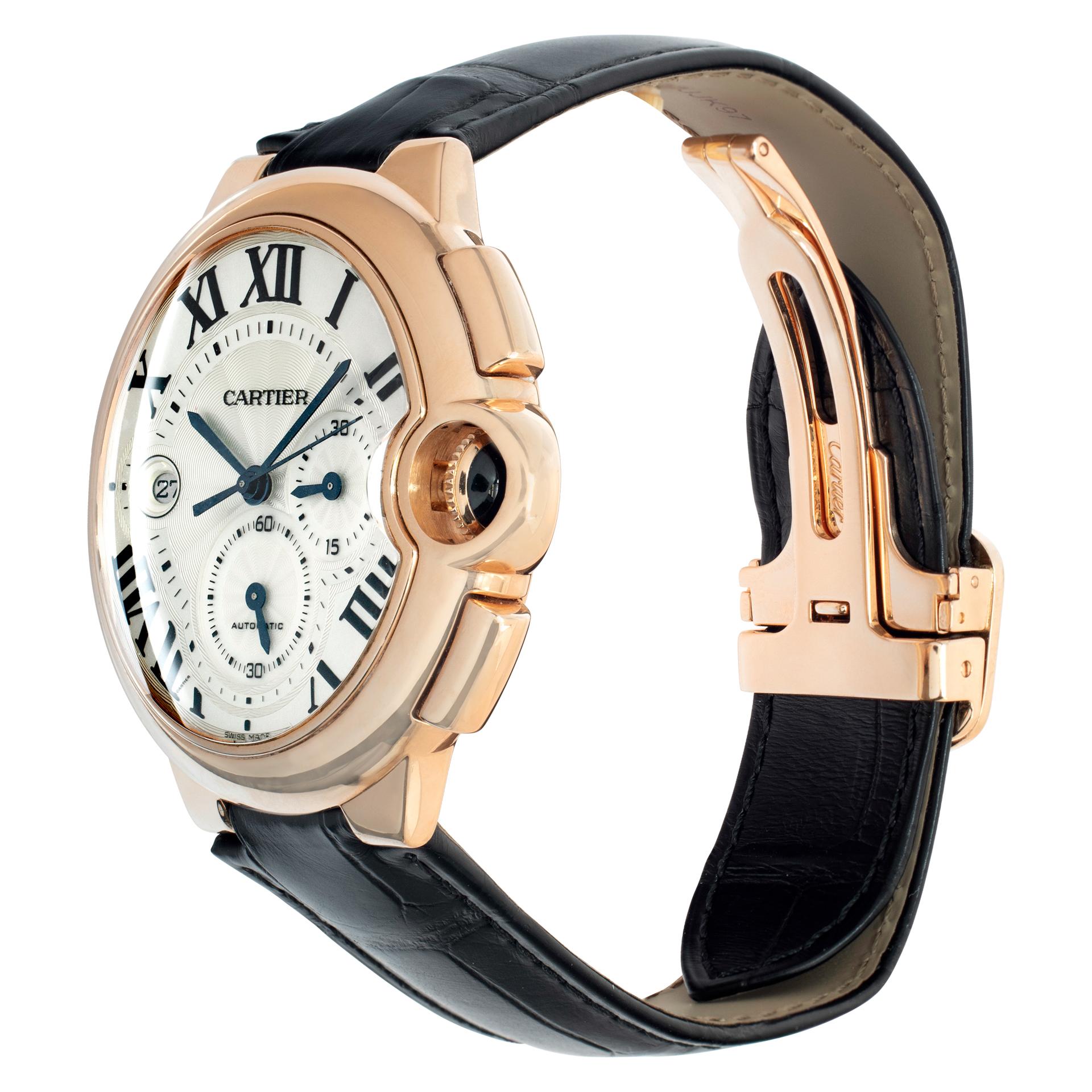 Cartier Ballon Bleu XL Chronograph in 18k rose gold on a black leather strap with 18k rose gold deployant buckle. Automatic movement under glass w/ date and chronograph and sweep seconds. 44 mm case size. With box. Ref W6920009. Fine Pre-owned