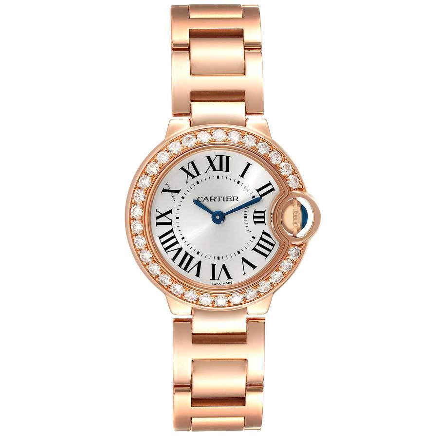 Cartier Ballon Bleu 18K Rose Gold Diamond Small Ladies Watch WE9002Z3. Quartz movement. Caliber 057. Round 18K rose gold case 29.0 mm in diameter. Case thickness: 9.35 mm. Fluted crown set with the blue sapphire cabochon. Fixed 18K rose gold diamond