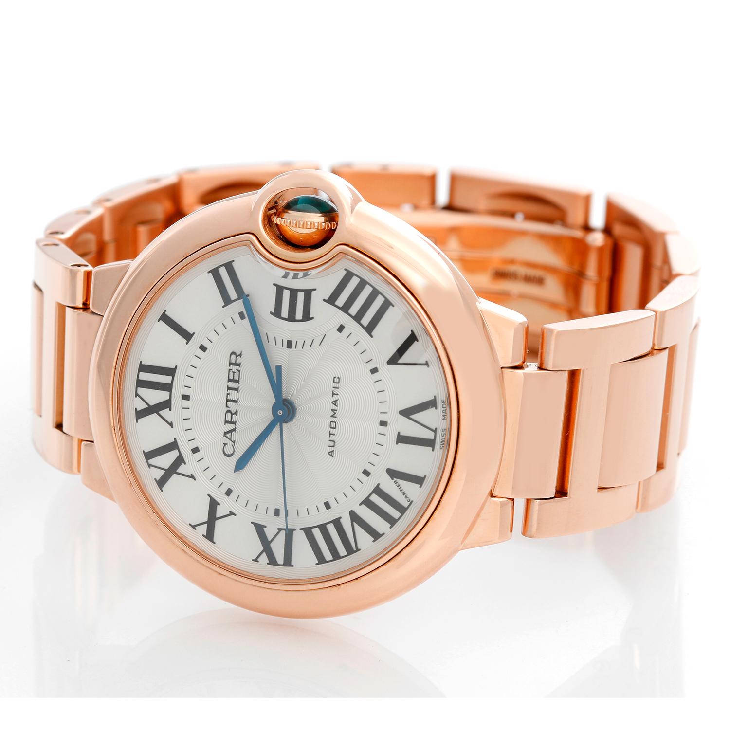 Cartier Ballon Bleu 18K Rose Gold Ladies Midsize Watch - Automatic winding. 18k Rose gold  case (36 mm ). Silver guilloche dial with black Roman numerals. 18K Rose gold Cartier bracelet. Pre-owned  with Cartier box and papers. 