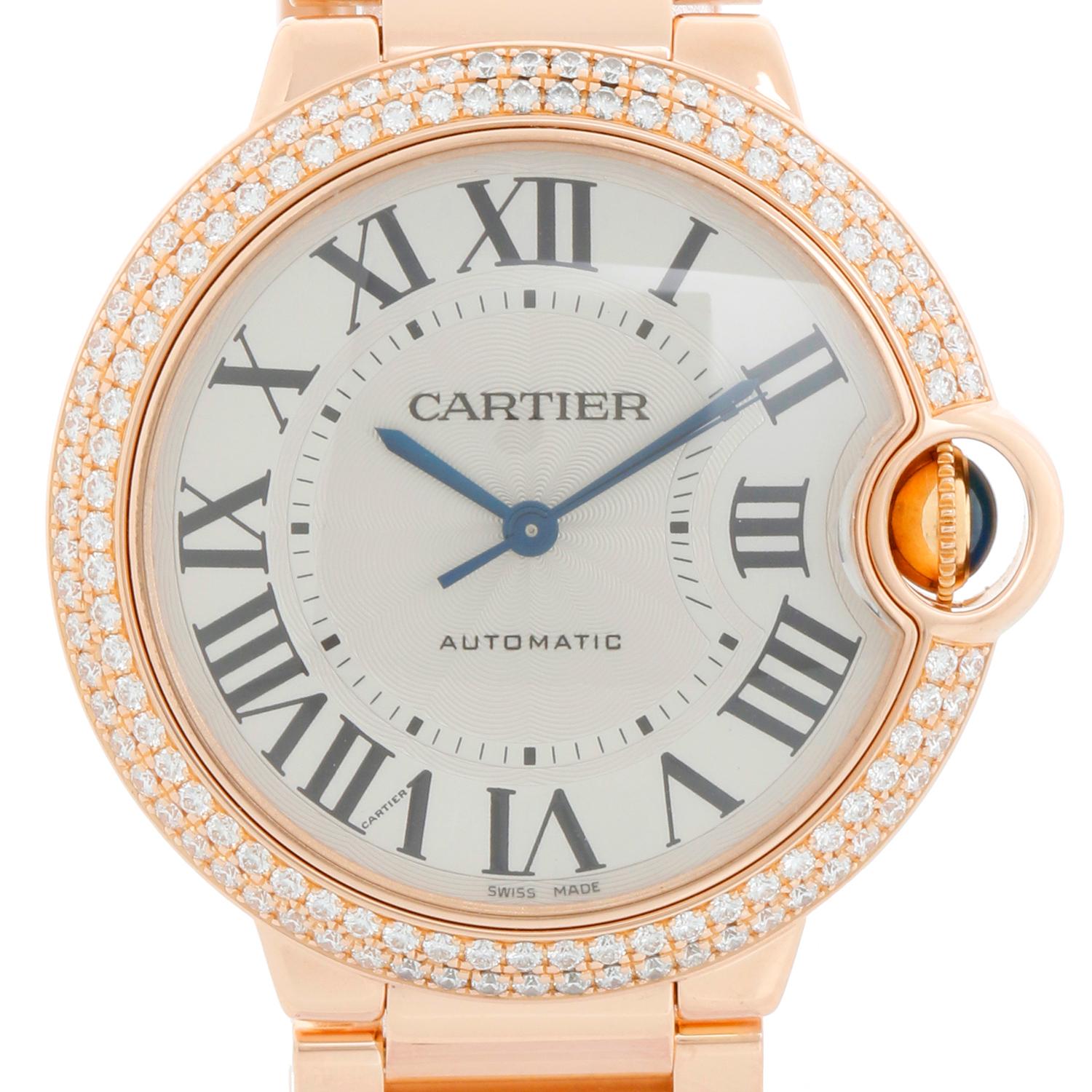 Cartier Ballon Bleu 18K Rose Gold Ladies Midsize Watch WE9005Z3 3003 - Automatic winding. 18k rose gold case with 2-row factory diamond bezel (36mm diameter). Silver guilloche dial with black Roman numerals. 18K Rose Gold Cartier Bracelet; will fit