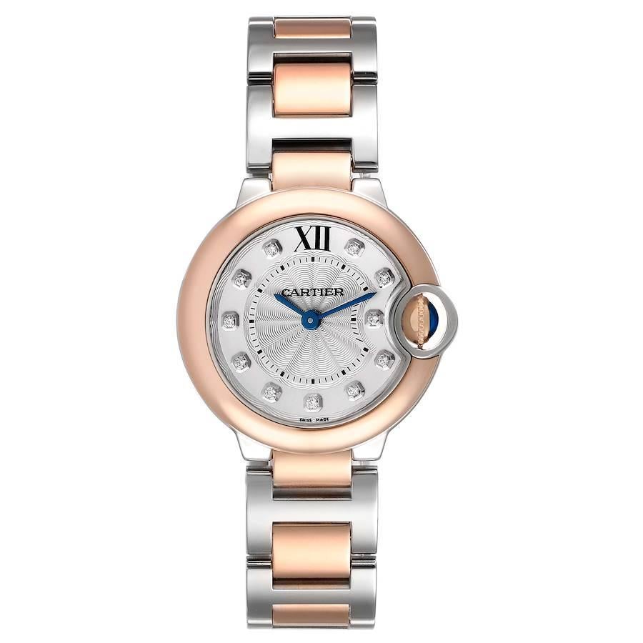 Cartier Ballon Bleu 28 Steel Rose Gold Diamond Ladies Watch W3BB0005 Papers. Quartz movement. Caliber 057. Round stainless steel and 18K rose gold case 28.0 mm in diameter. Case thickness: 9.35 mm. Fluted crown set with a blue sapphire cabochon. 18K