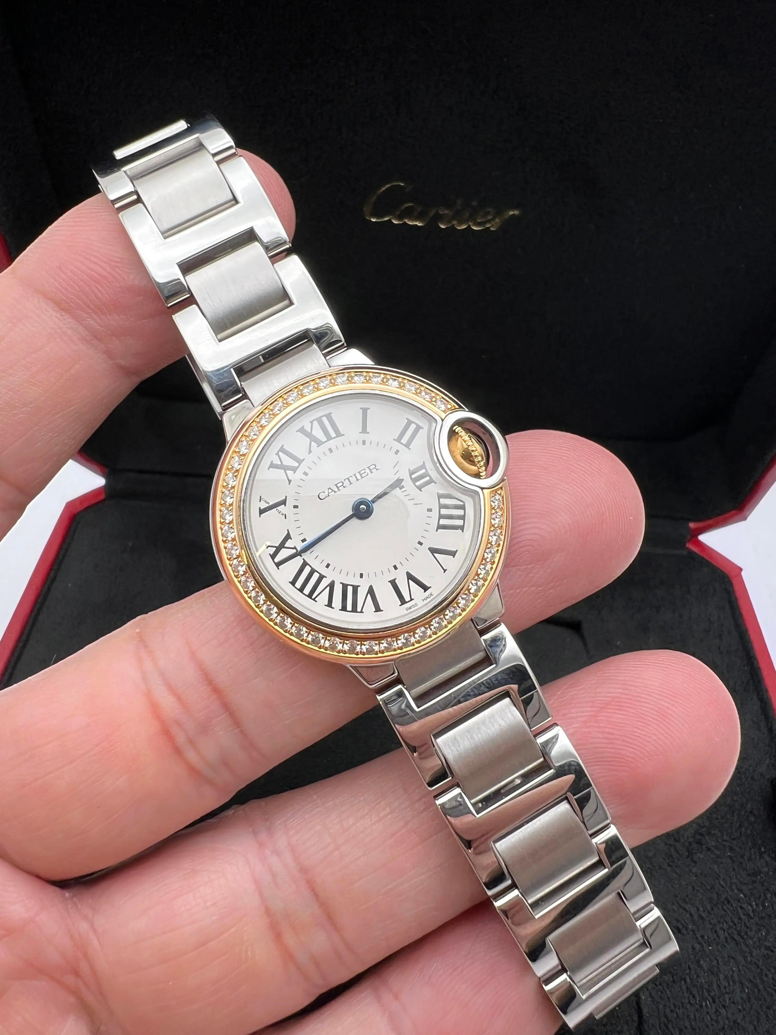 Cartier Ballon Bleu 28mm 18K Rose Factory Diamond Bezel WE902079 Steel Watch Box In Excellent Condition For Sale In New York, NY