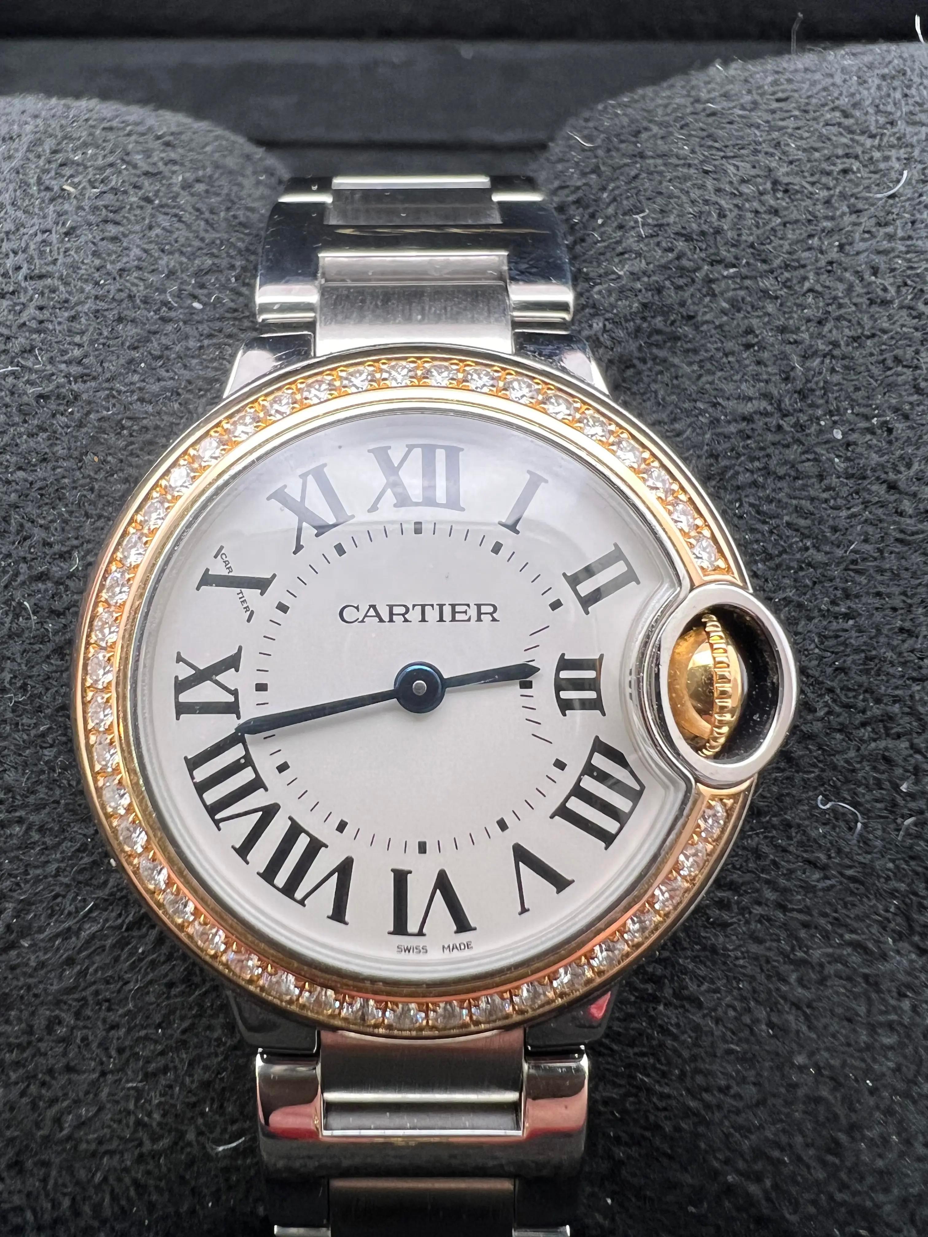 Women's Cartier Ballon Bleu 28mm 18K Rose Factory Diamond Bezel WE902079 Steel Watch Box For Sale