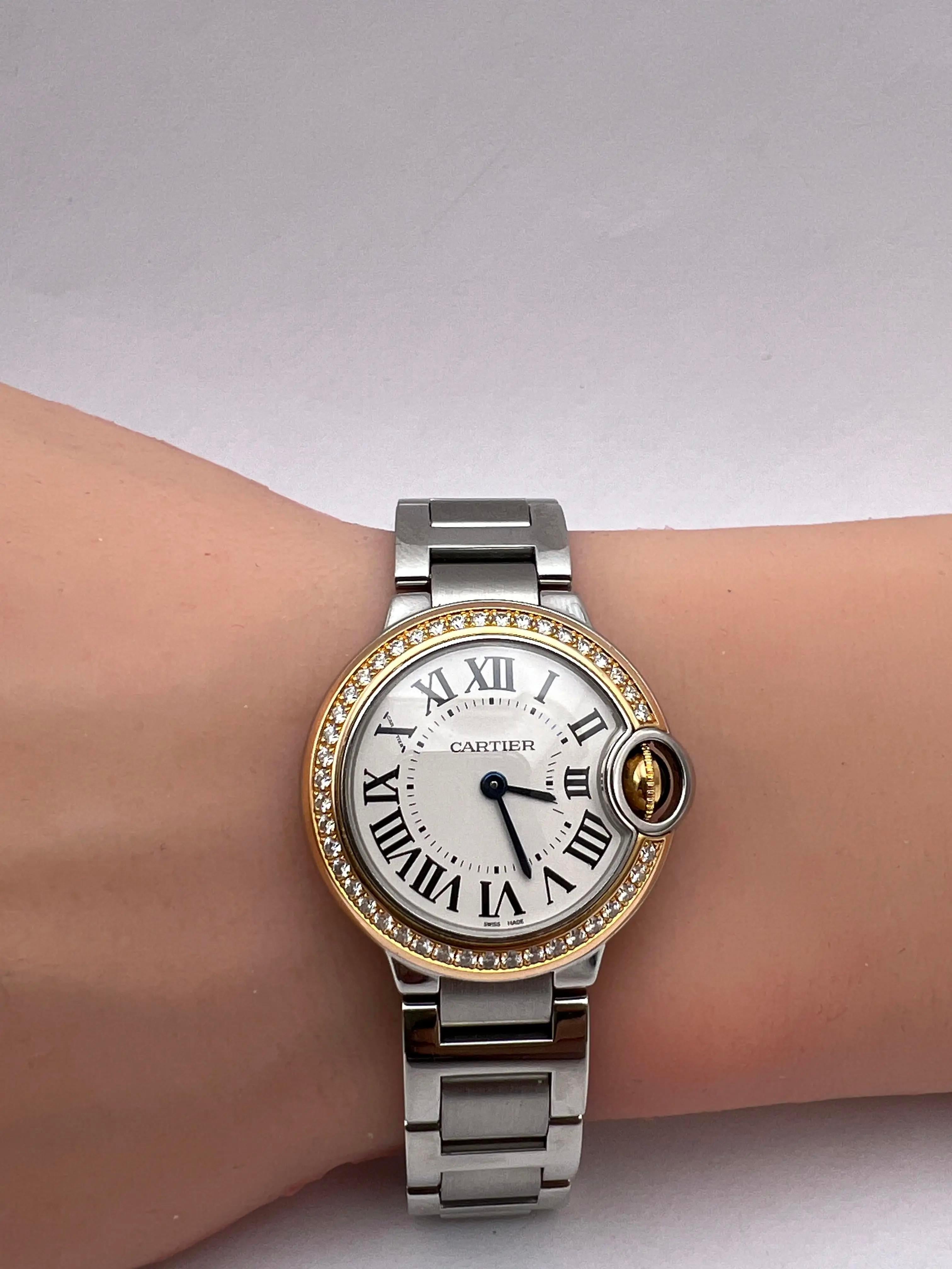 Cartier Ballon Bleu 28mm 18K Rose Factory Diamond Bezel WE902079 Steel Watch Box For Sale 1