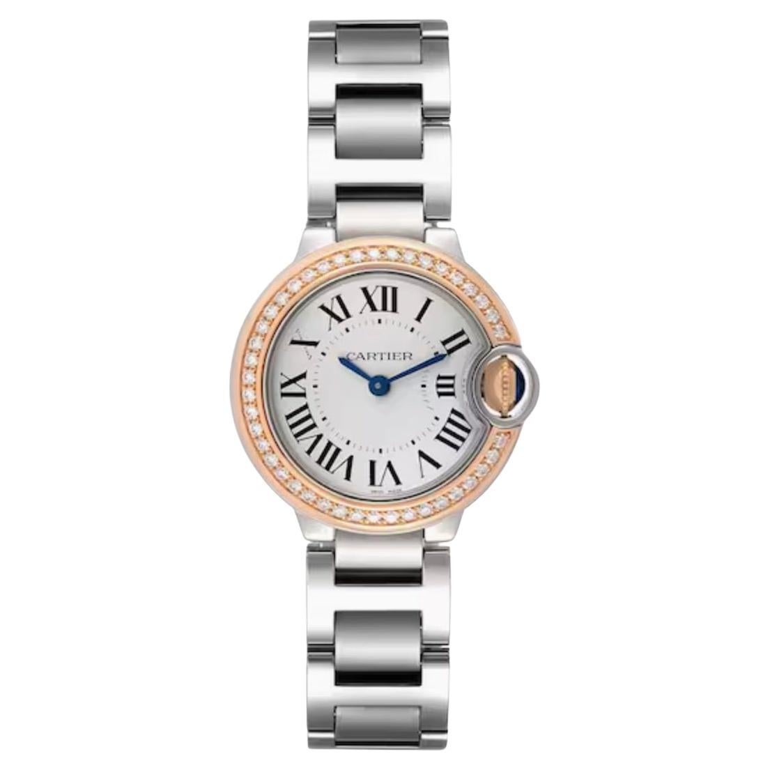 Cartier Ballon Bleu 28mm 18K Rosa Fábrica Bisel de Diamantes WE902079 Caja de reloj de acero
