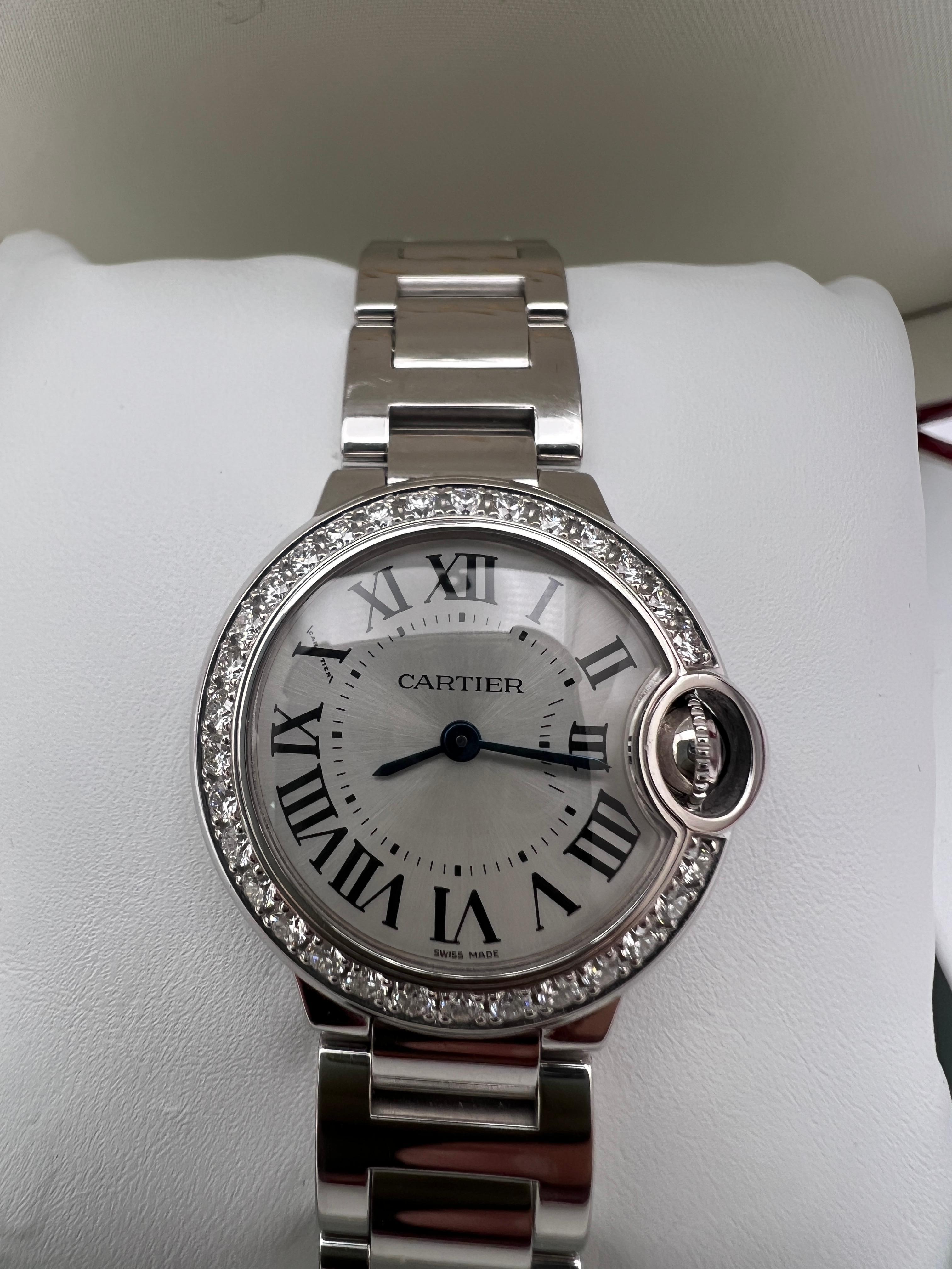 Round Cut Cartier Ballon Bleu 28mm 18K White Gold Factory Diamond Bezel Box Paper WE9003Z3