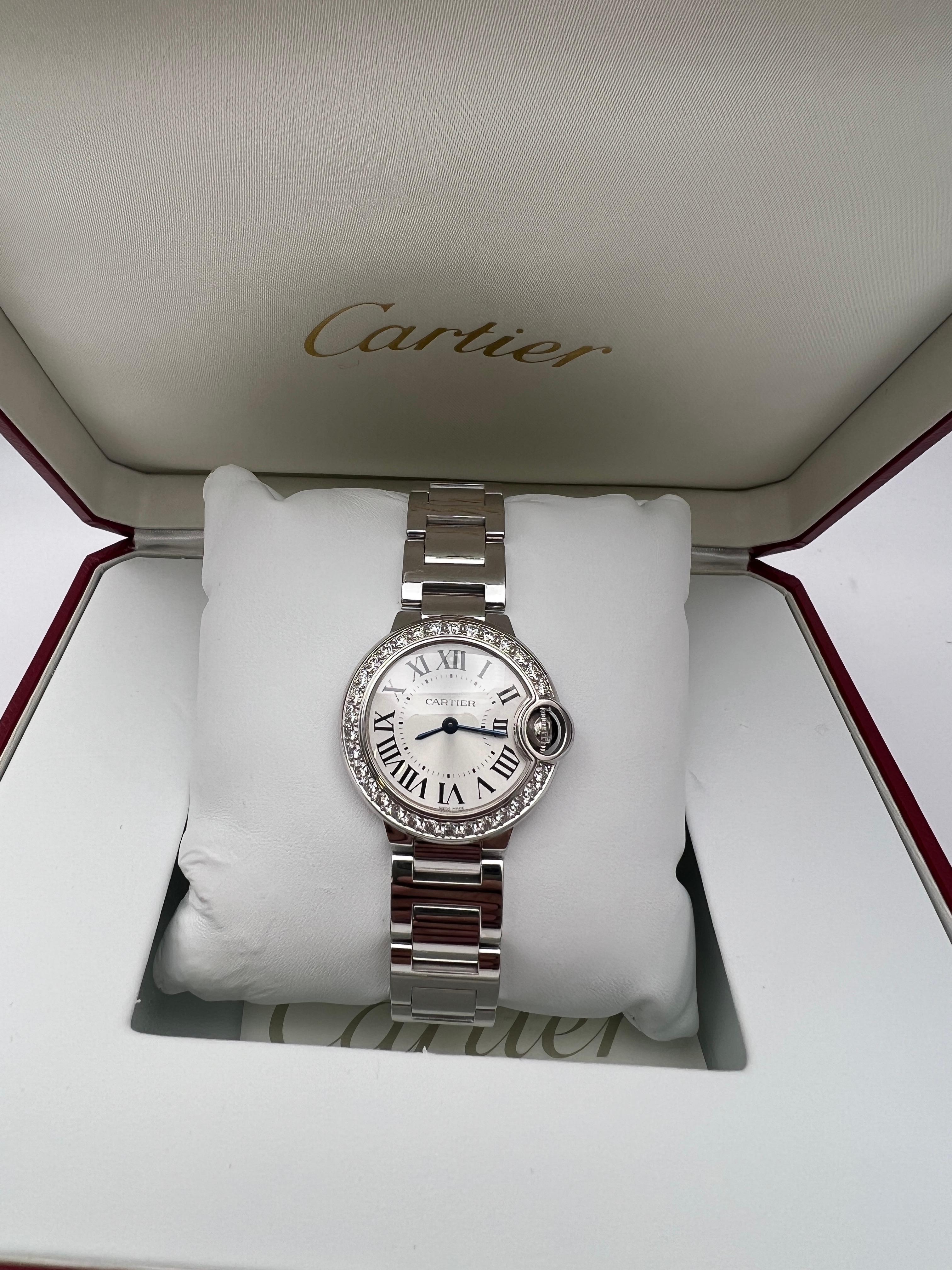 Cartier Ballon Bleu 28mm 18K White Gold Factory Diamond Bezel Box Paper WE9003Z3 In Excellent Condition In New York, NY