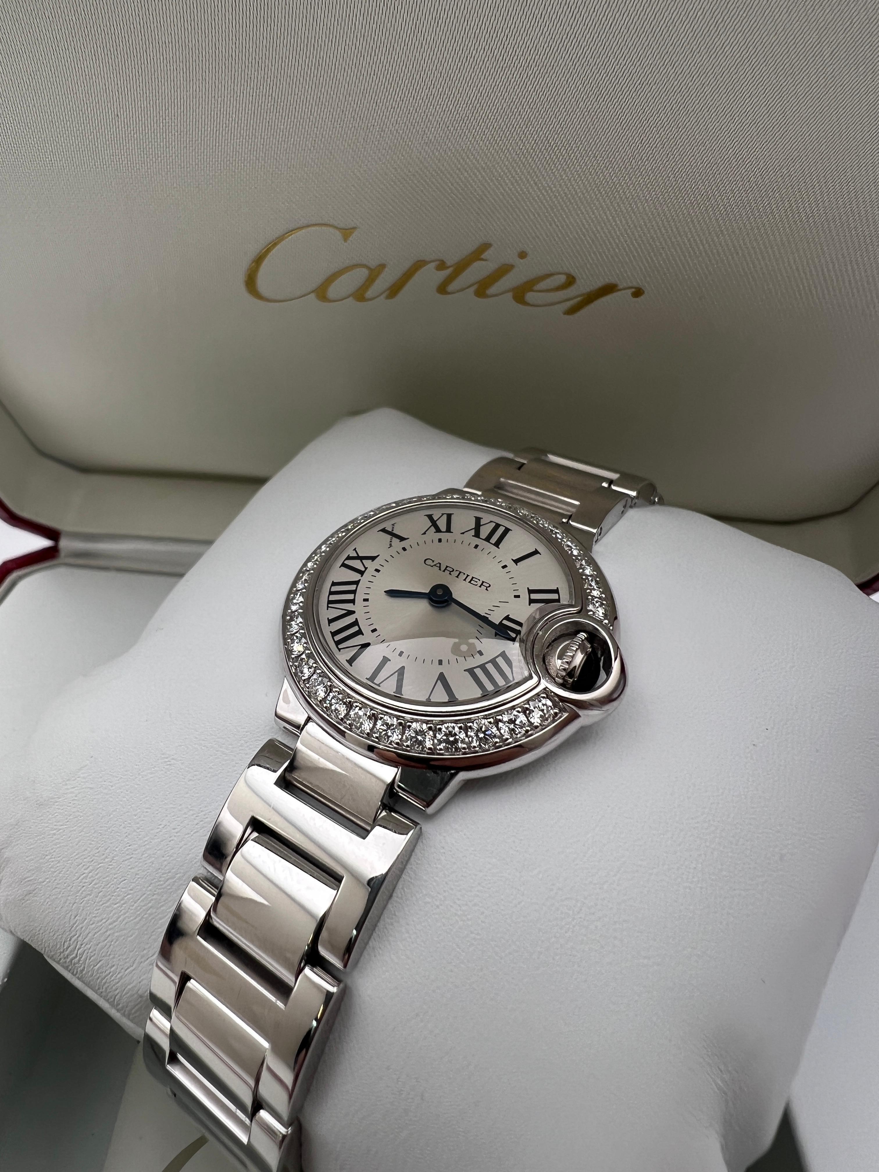 Women's Cartier Ballon Bleu 28mm 18K White Gold Factory Diamond Bezel Box Paper WE9003Z3
