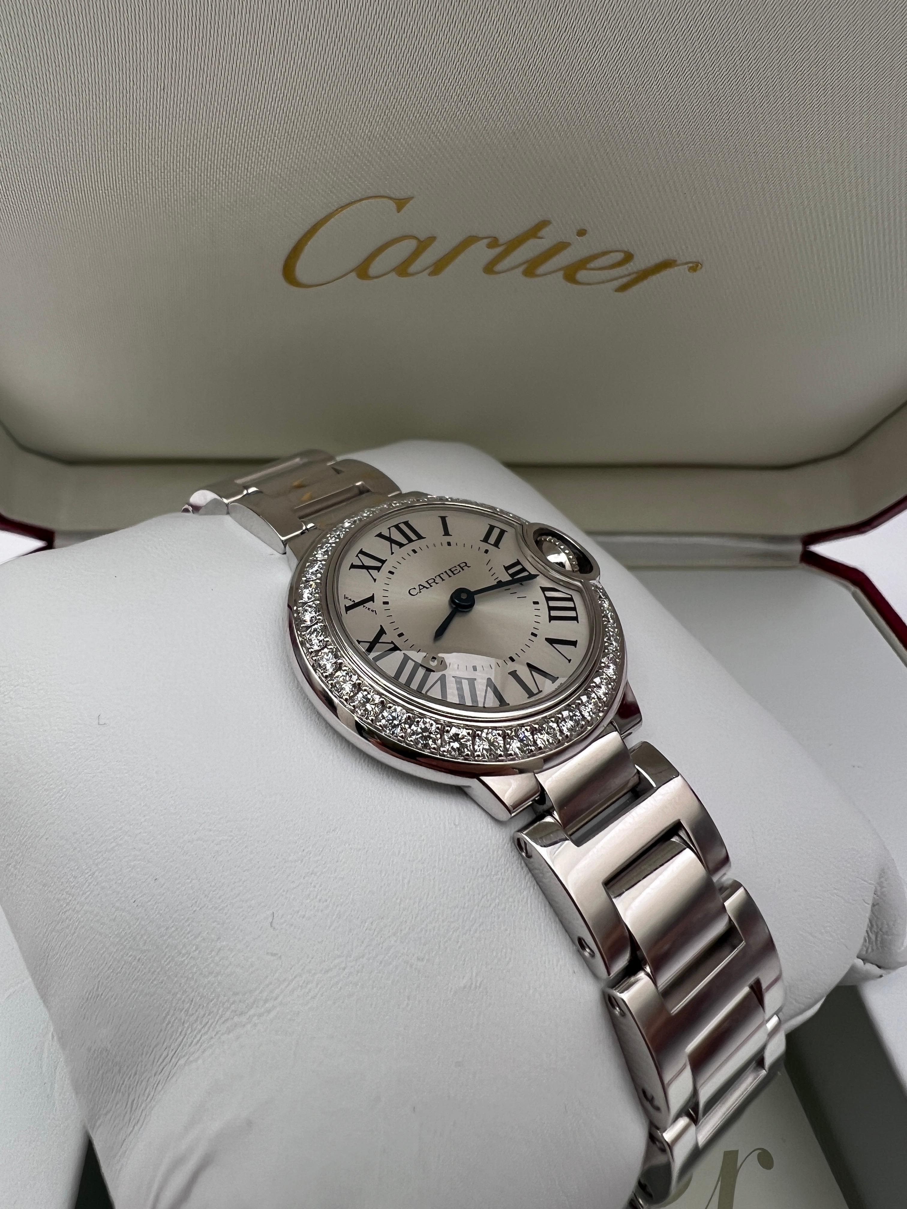 Cartier Ballon Bleu 28mm 18K White Gold Factory Diamond Bezel Box Paper WE9003Z3 3