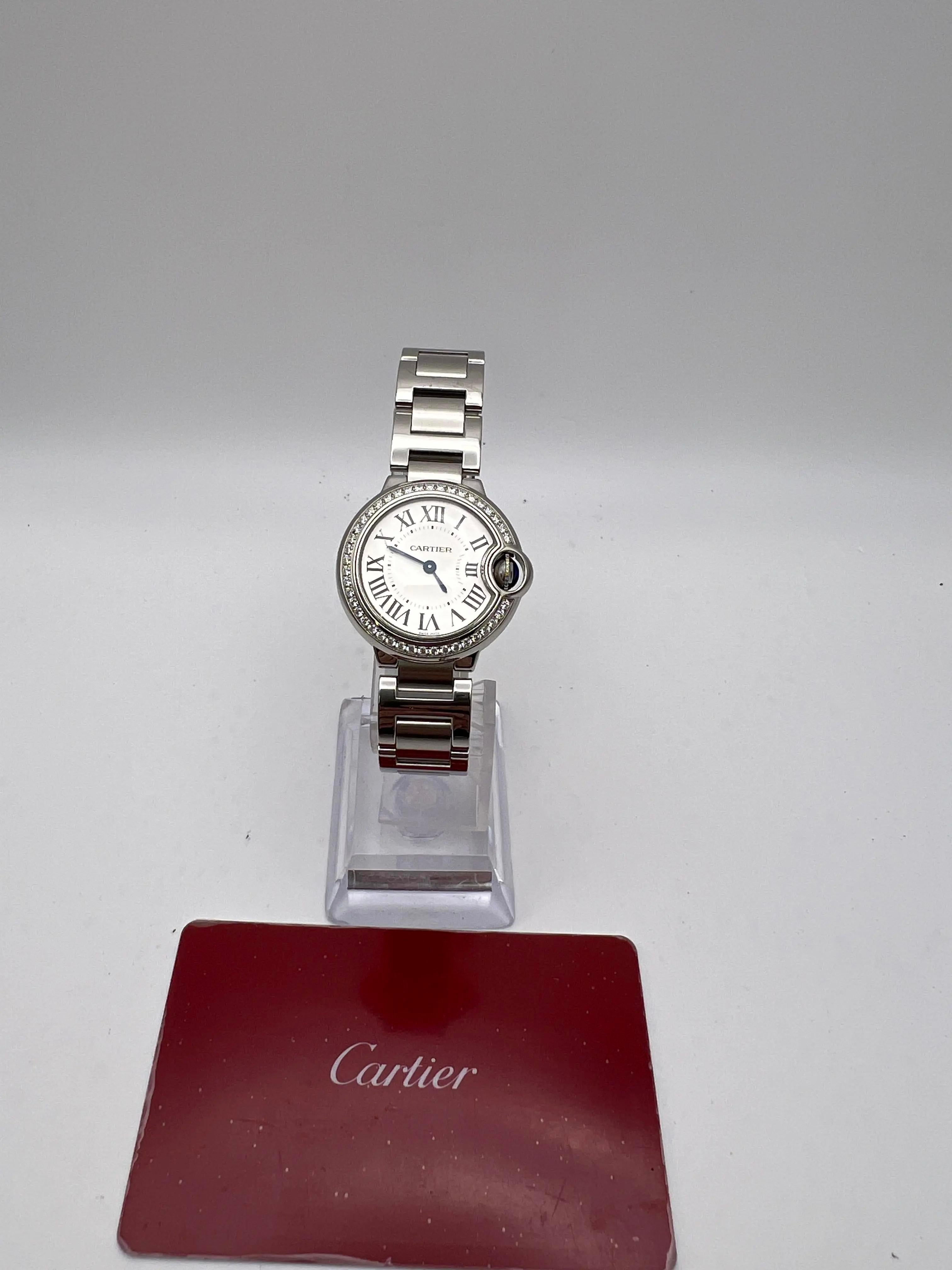 Cartier Ballon Bleu 28mm Factory Diamond Bezel W4BB0015 Argent Cadran Boîte Papiers en vente 1