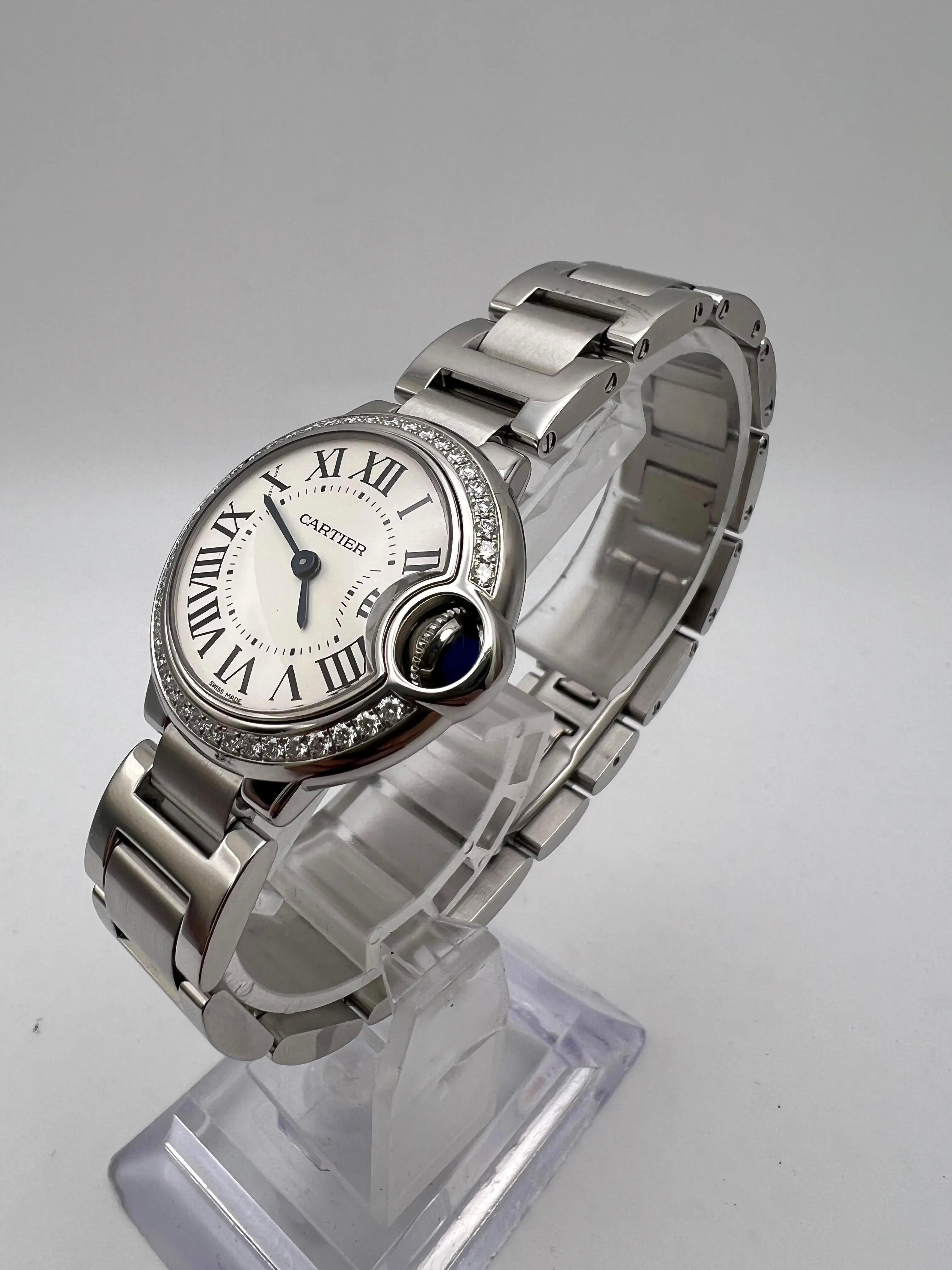 Cartier Ballon Bleu 28mm Factory Diamond Bezel W4BB0015 Argent Cadran Boîte Papiers en vente 2