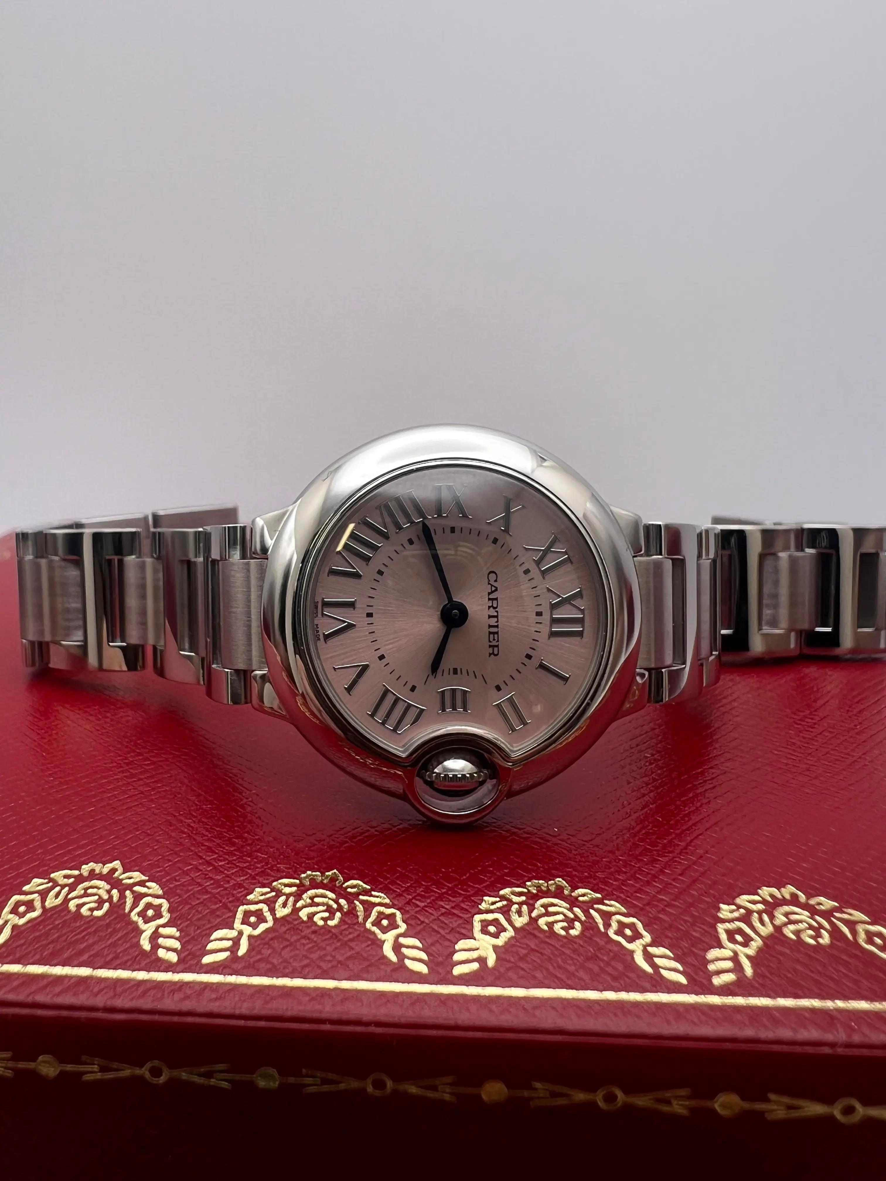 Cartier Ballon Bleu 28mm Pink Dial Box & Papers Steel Quartz Watch W6920038 In Excellent Condition For Sale In New York, NY