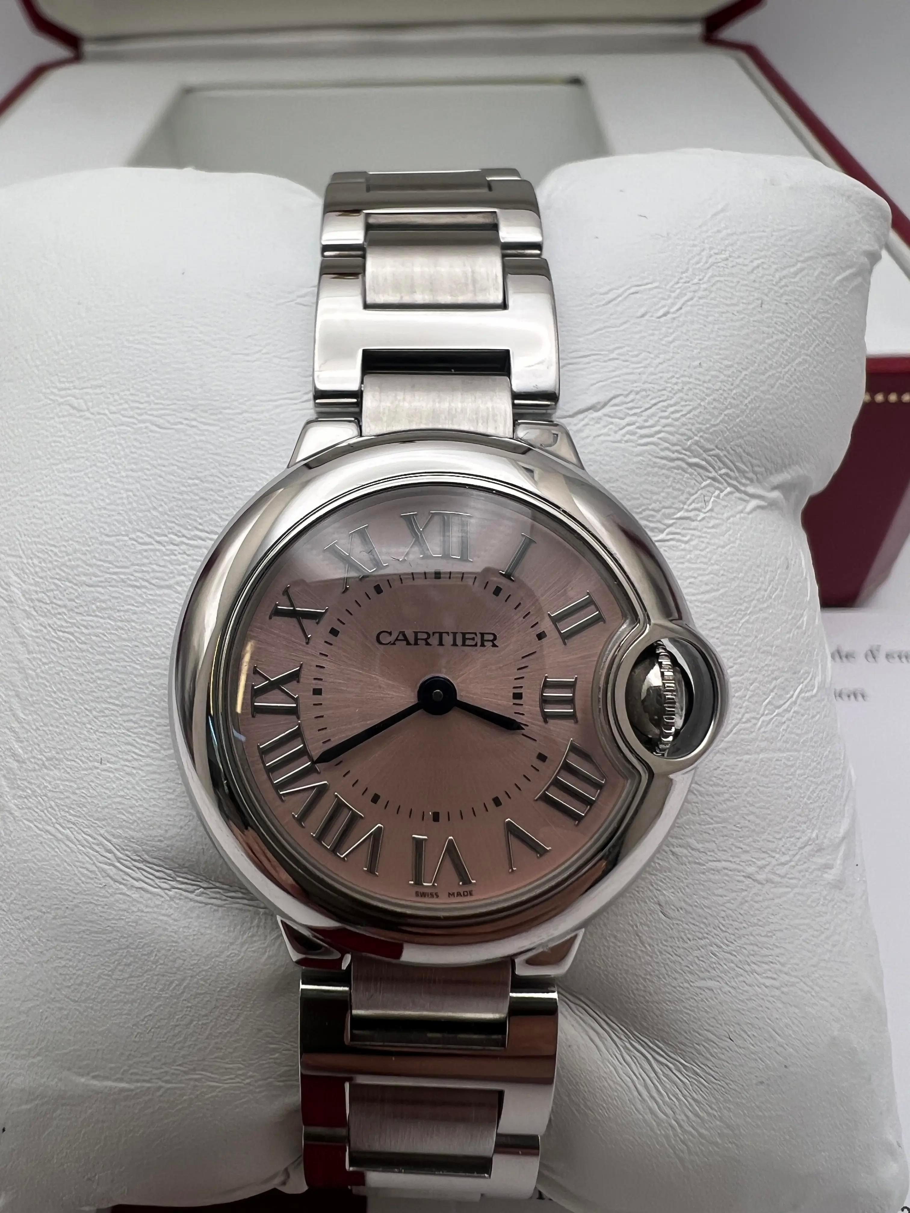 Women's Cartier Ballon Bleu 28mm Pink Dial Box & Papers Steel Quartz Watch W6920038 For Sale