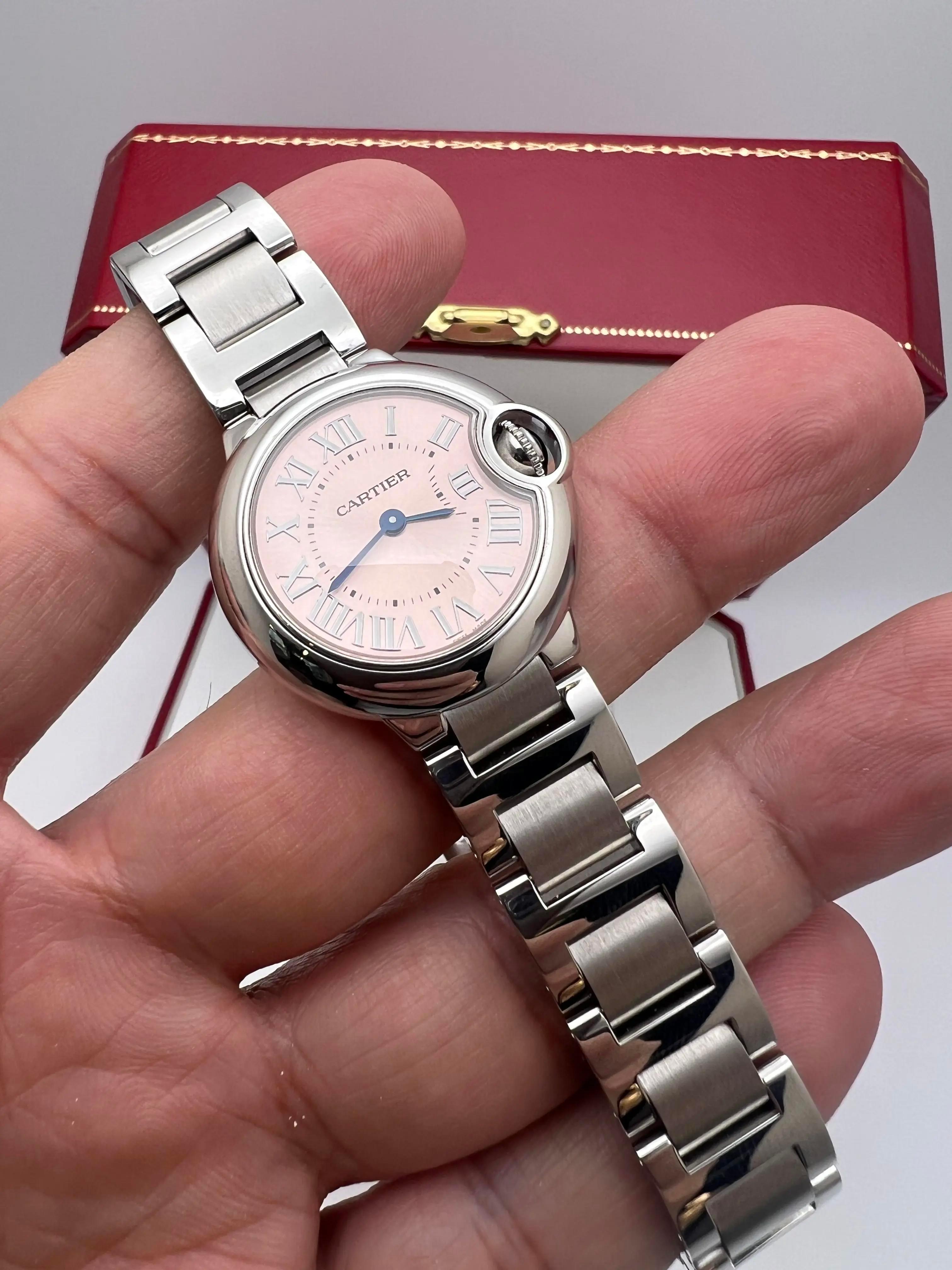 Cartier Ballon Bleu 28mm Pink Dial Box & Papers Steel Quartz Watch W6920038 For Sale 1