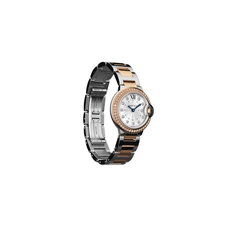 Round Cut Cartier Ballon Bleu Quartz Pink Gold Steel and Diamond Watch W3BB0009