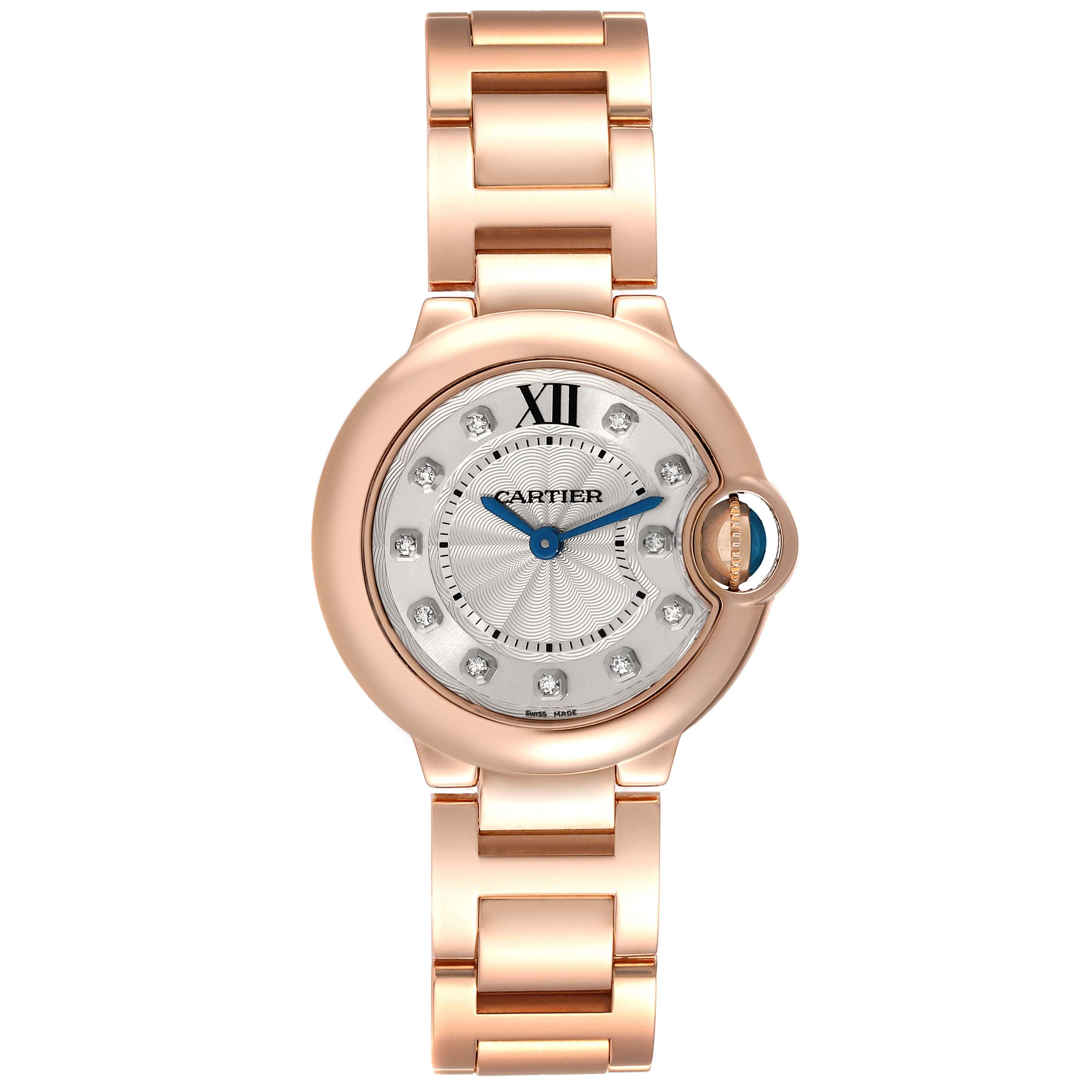 Cartier Ballon Bleu 28mm Rose Gold Diamond Dial Ladies Watch WE902025 Card. Quartz movement. Round 18k rose gold case 28.0 mm in diameter. Fluted crown set with the blue sapphire cabochon. 18k rose gold smooth bezel. Scratch resistant sapphire