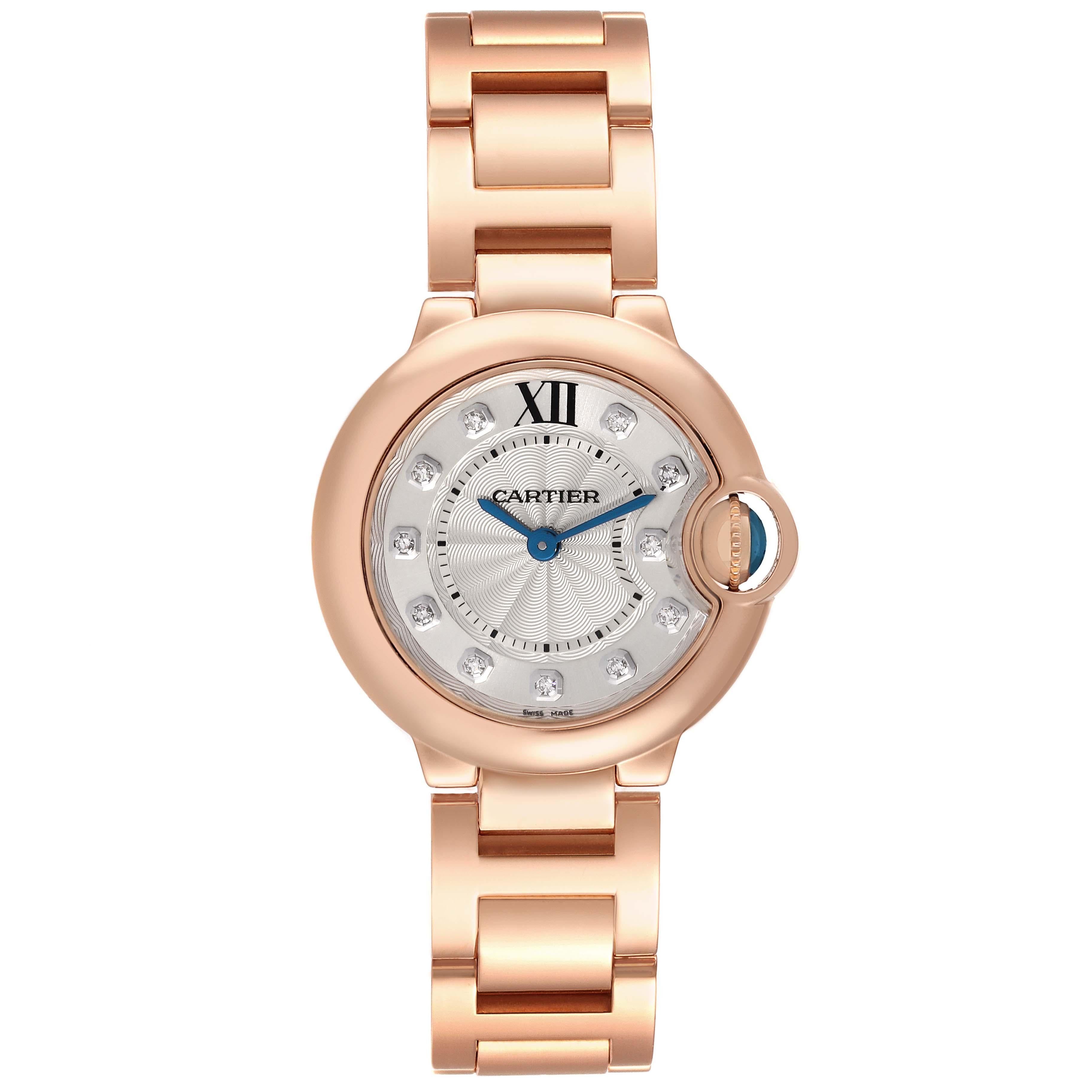Cartier Ballon Bleu 28mm Rose Gold Diamond Dial Ladies Watch WE902025. Quartz movement. Round 18k rose gold case 28.0 mm in diameter. Fluted crown set with the blue sapphire cabochon. 18k rose gold smooth bezel. Scratch resistant sapphire crystal.