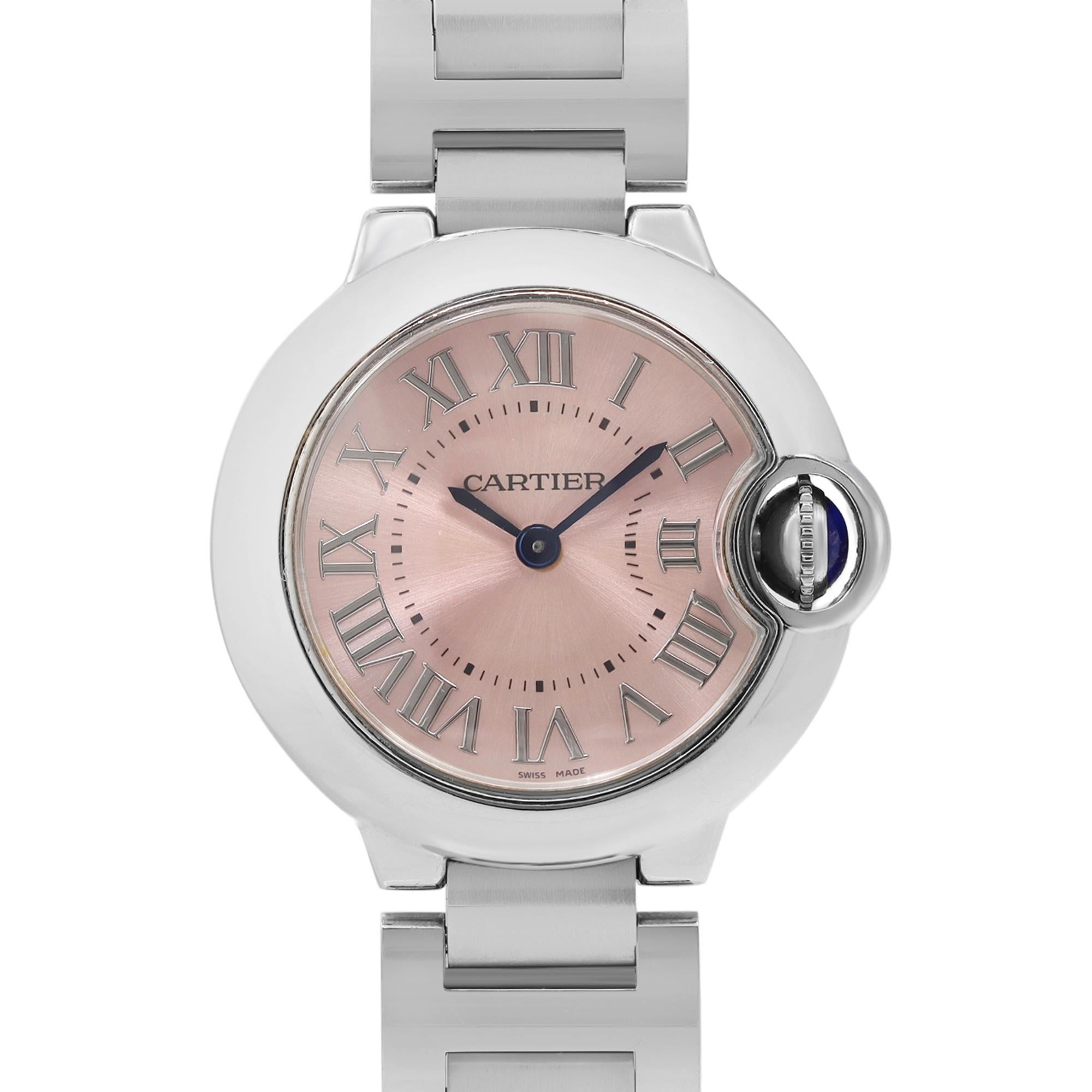 Pre-owned Cartier Ballon Bleu 28mm Stainless Steel Pink Roman Dial Ladies Quartz Watch W6920038. This Beautiful Timepiece is powered by a Quartz (Battery Operated) Movement and Features: A Polished Stainless Steel Case and Bracelet with a Hidden