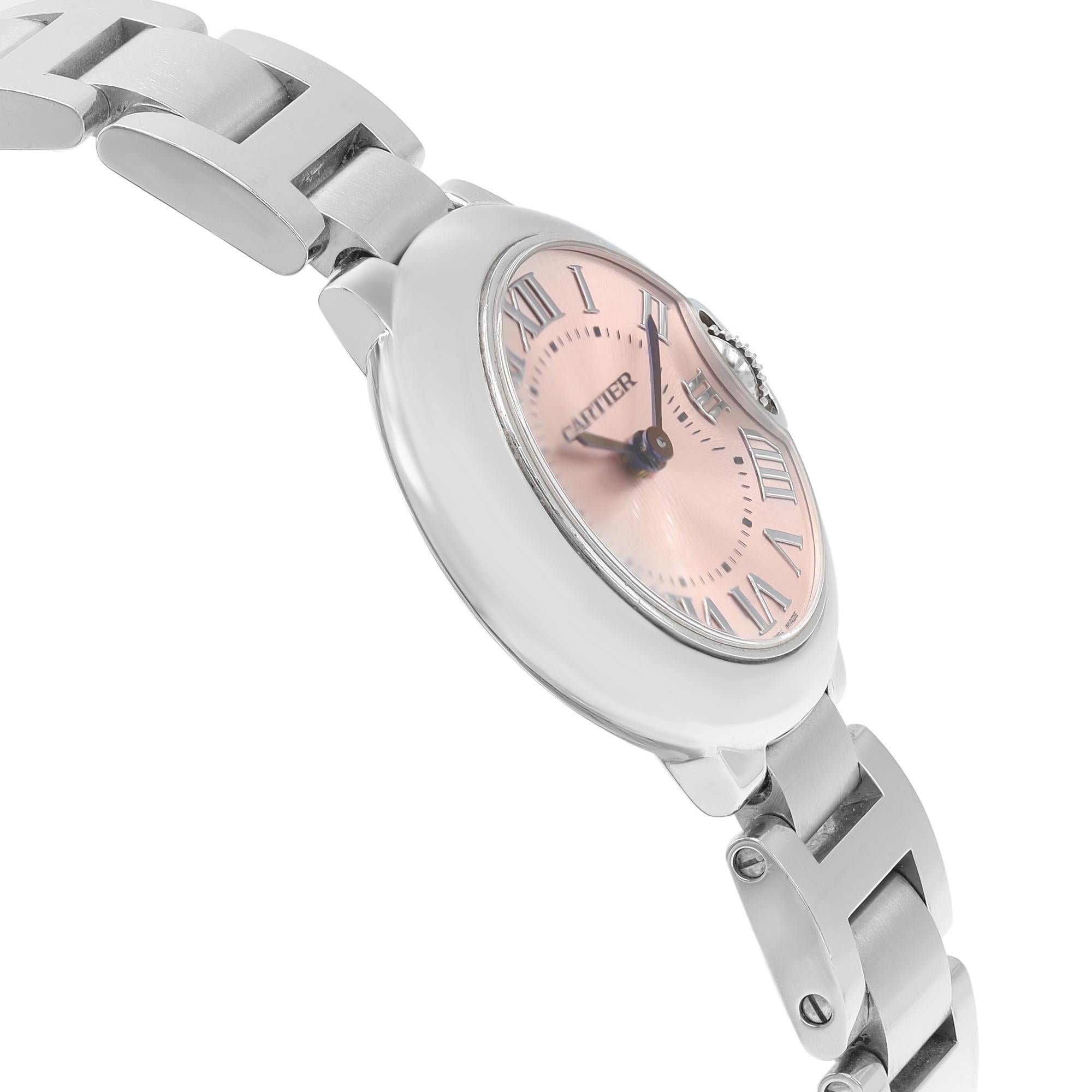 Cartier Ballon Bleu Steel Pink Roman Dial Ladies Quartz Watch W6920038 In Excellent Condition In New York, NY