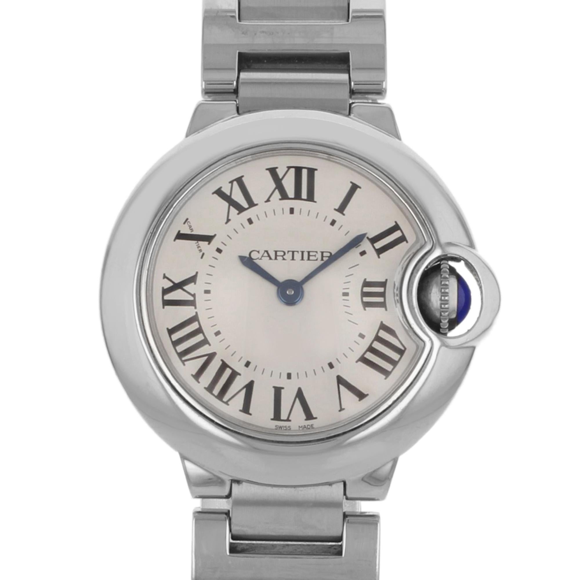 This  never been worn  Cartier Ballon Bleu W69010Z4 is a beautiful men's timepiece that is powered by quartz (battery) movement which is cased in a stainless steel case. It has a round shape face, no features dial and has hand roman numerals style