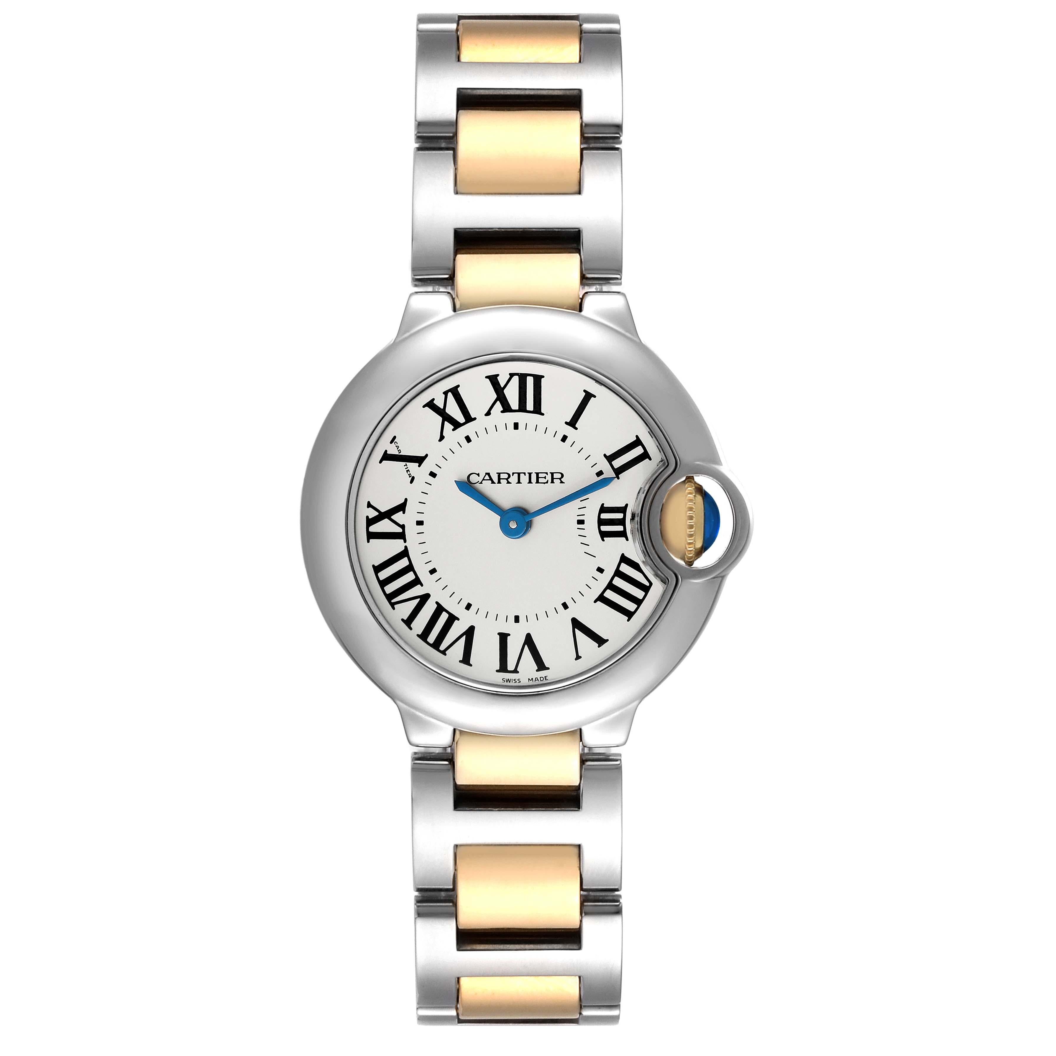 Cartier Ballon Bleu 28mm Steel Yellow Gold Ladies Watch W2BB0010. Quartz movement. Round stainless steel case 28.0 mm in diameter. Fluted 18k crown set with the blue spinel cabochon. . Scratch resistant sapphire crystal. Silvered white opaline dial