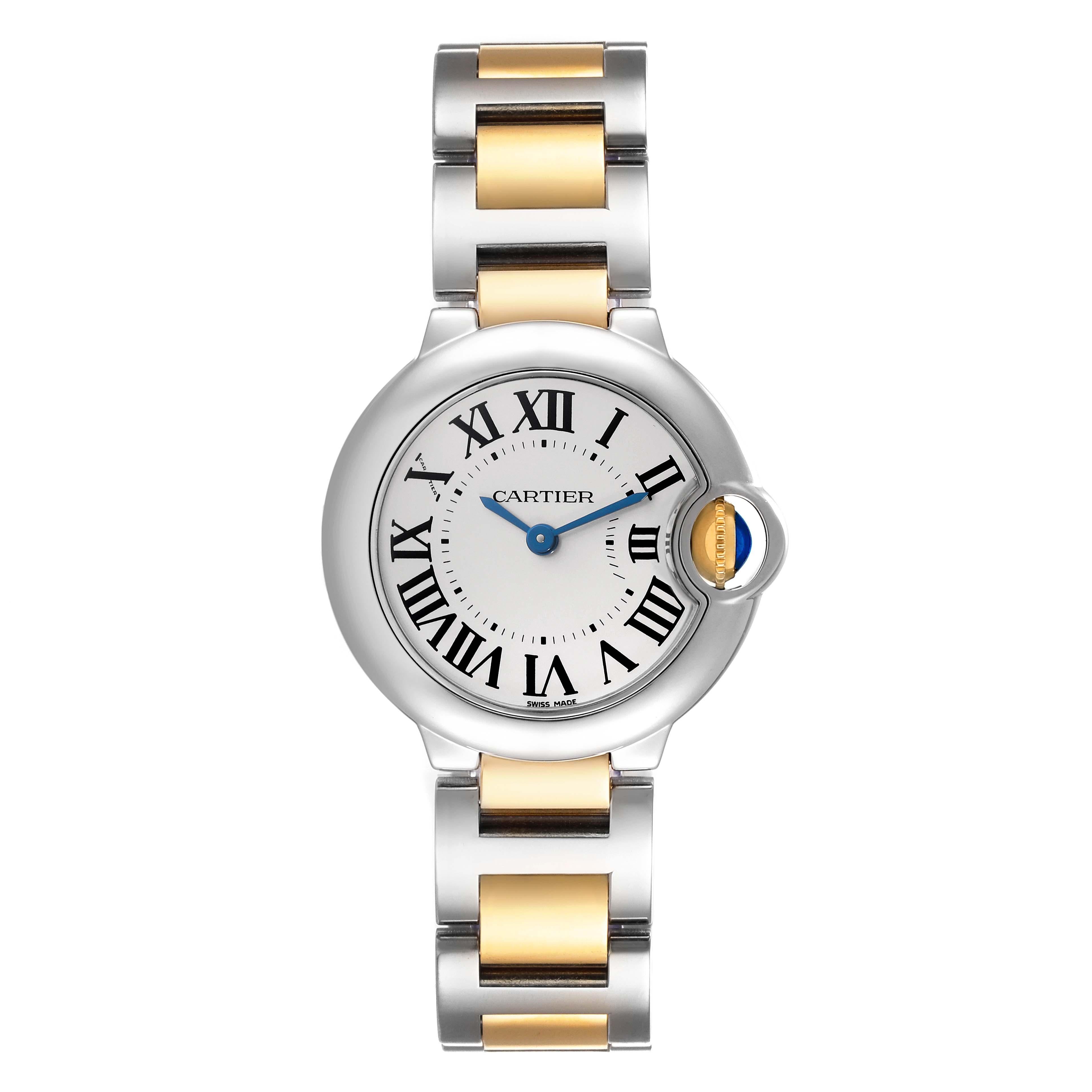 Cartier Ballon Bleu 28mm Steel Yellow Gold Ladies Watch W2BB0010. Quartz movement. Round stainless steel case 28.0 mm in diameter. Fluted 18k crown set with the blue spinel cabochon. Stainless steel smooth bezel. Scratch resistant sapphire crystal.