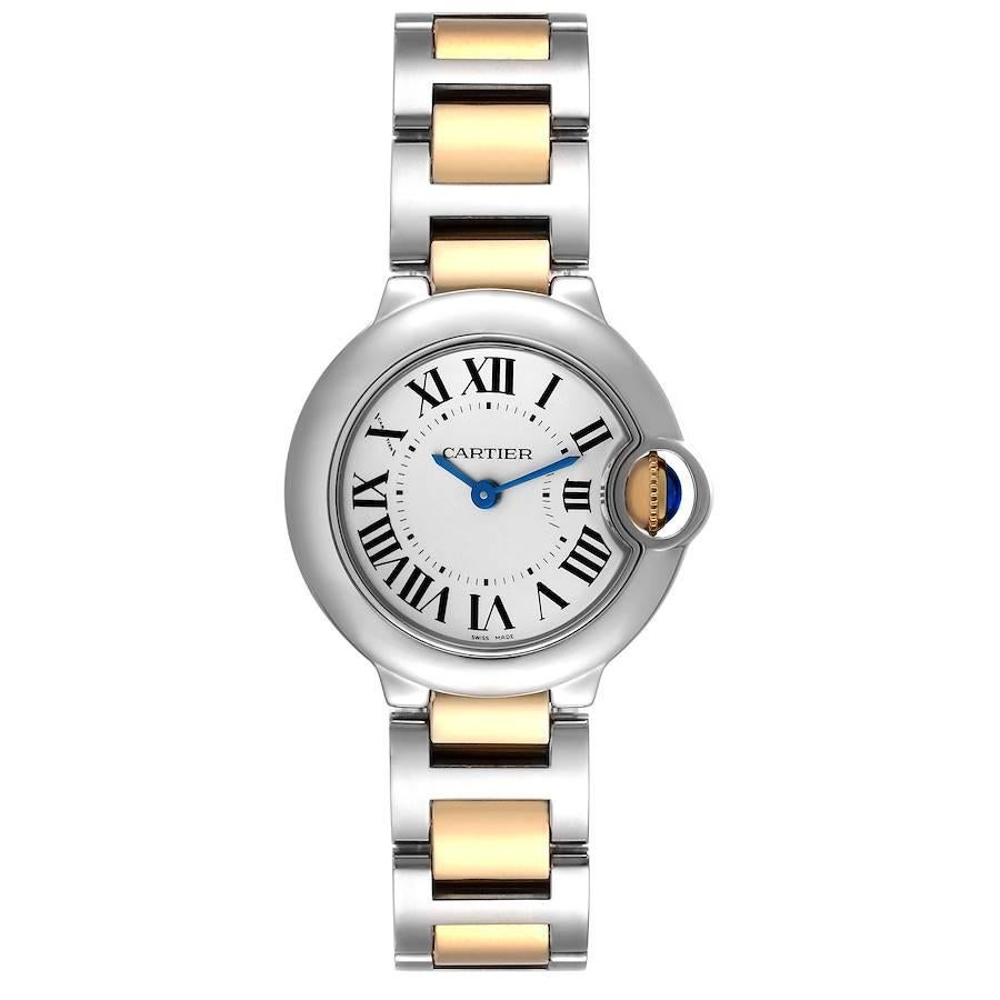 Cartier Ballon Bleu 28mm Steel Yellow Gold Ladies Watch W69007Z3 Box Papers. Quartz movement. Round stainless steel case 28.0 mm in diameter. Fluted 18k crown set with the blue spinel cabochon. Stainless steel smooth bezel. Scratch resistant
