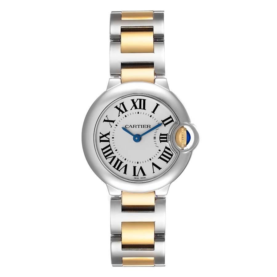 Cartier Ballon Bleu 28mm Steel Yellow Gold Ladies Watch W69007Z3. Quartz movement. Round stainless steel case 28.0 mm in diameter. Fluted 18k crown set with the blue spinel cabochon. Stainless steel smooth bezel. Scratch resistant sapphire crystal.