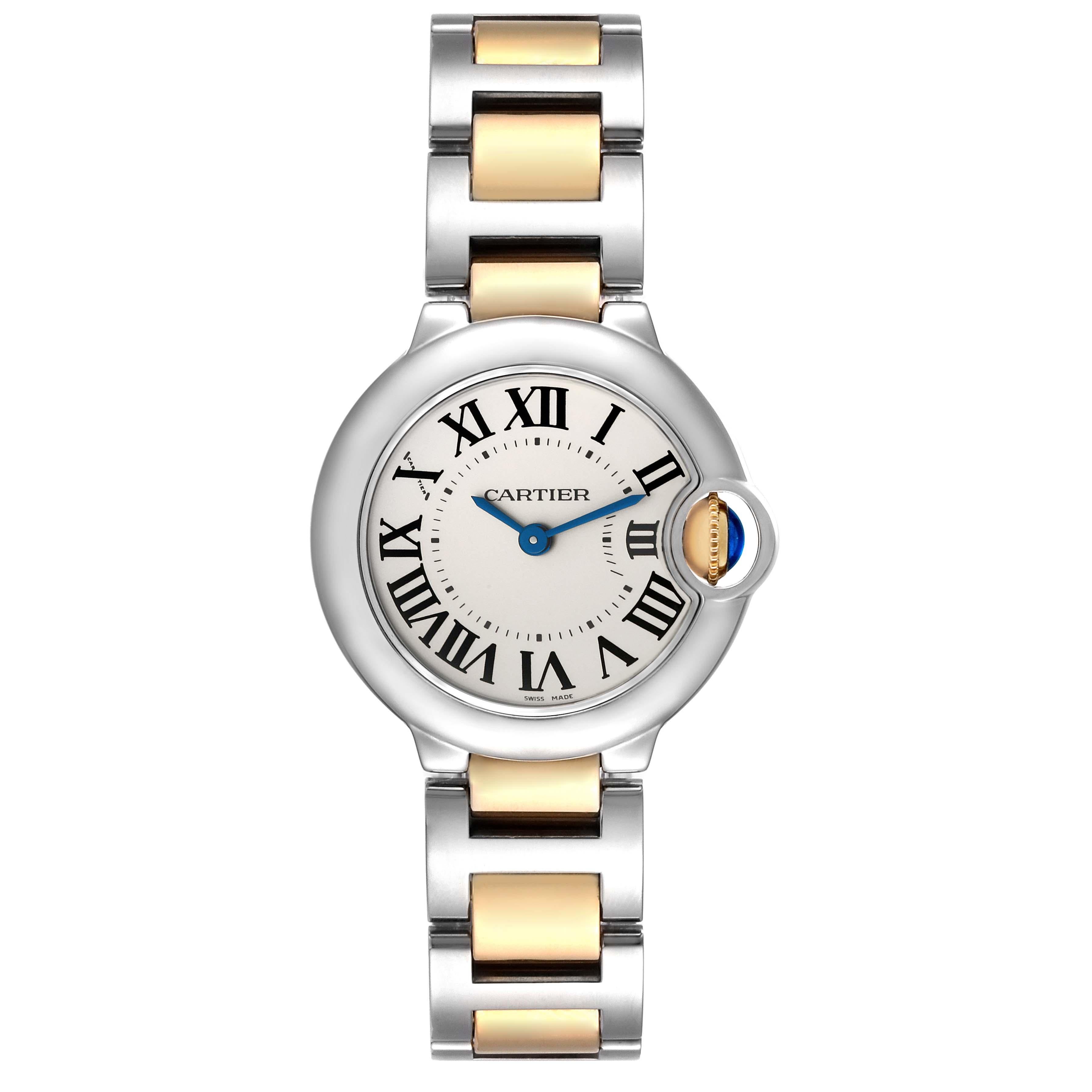 Cartier Ballon Bleu 28mm Steel Yellow Gold Ladies Watch W69007Z3 In Excellent Condition For Sale In Atlanta, GA